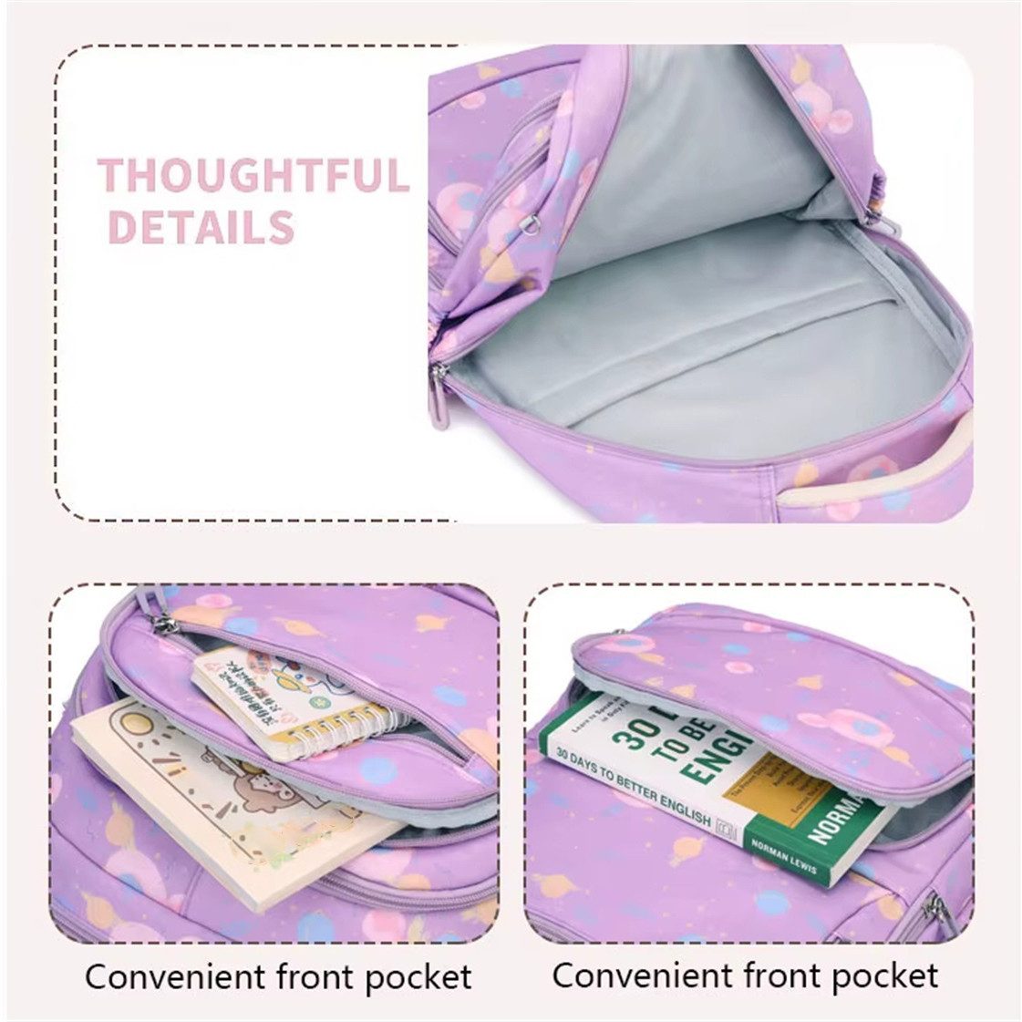 MOPUEA Schulrucksack Rucksack Schultaschen 3er Set Schule Mädchen Jungen Teenager (Turnbeutel Seitentasche, Laptopfach, Wasserabweisend Schulranzen, 3-tlg., mit – Bild 3 von 5
