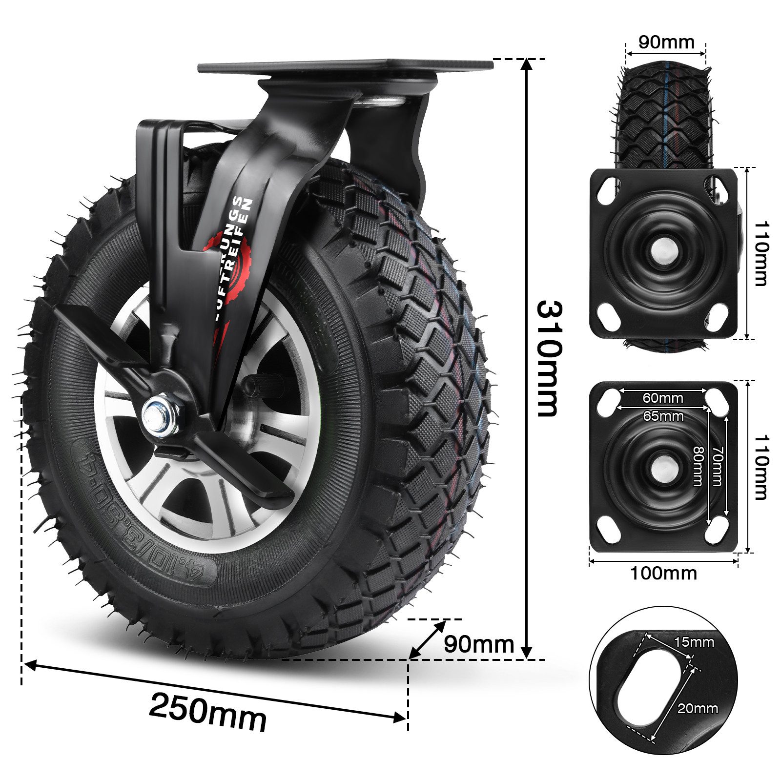 XERSEK Schwerlastrolle Luftreifen 250mm Luftrad Lenkrolle mit Alu-Halterung bis 170KG/Rad, (Set, Lenkrollen, Bremsrollen, starre Rollen, 360° Drehbar, Leise Lan – Bild 2 von 5