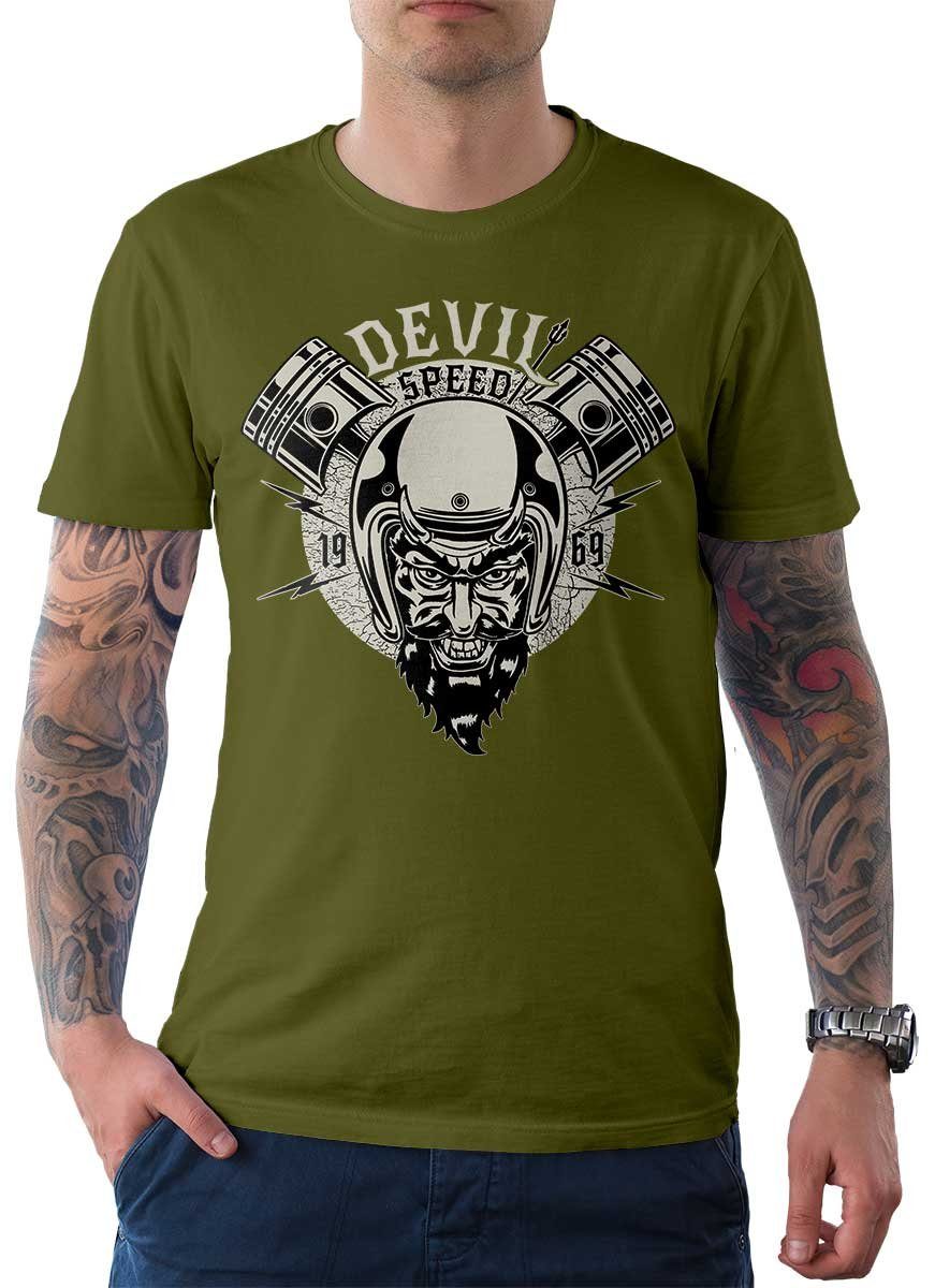Rebel On Wheels T-Shirt Herren T-Shirt Tee V-Twin Devil mit Biker / Motorrad Motiv Oliv