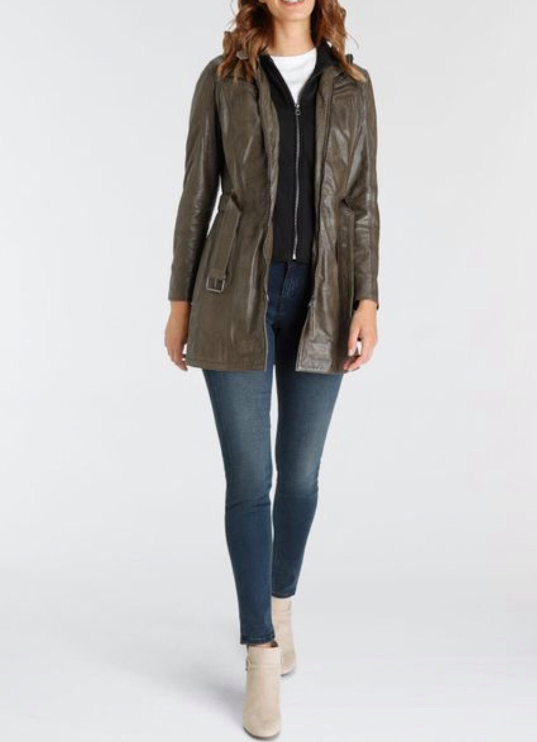 Keskin Collection Lederjacke Lederjacke Ledermantel Olive mit Kapuze abnehmbar und mit Gürtel Kapuze abnehmbar