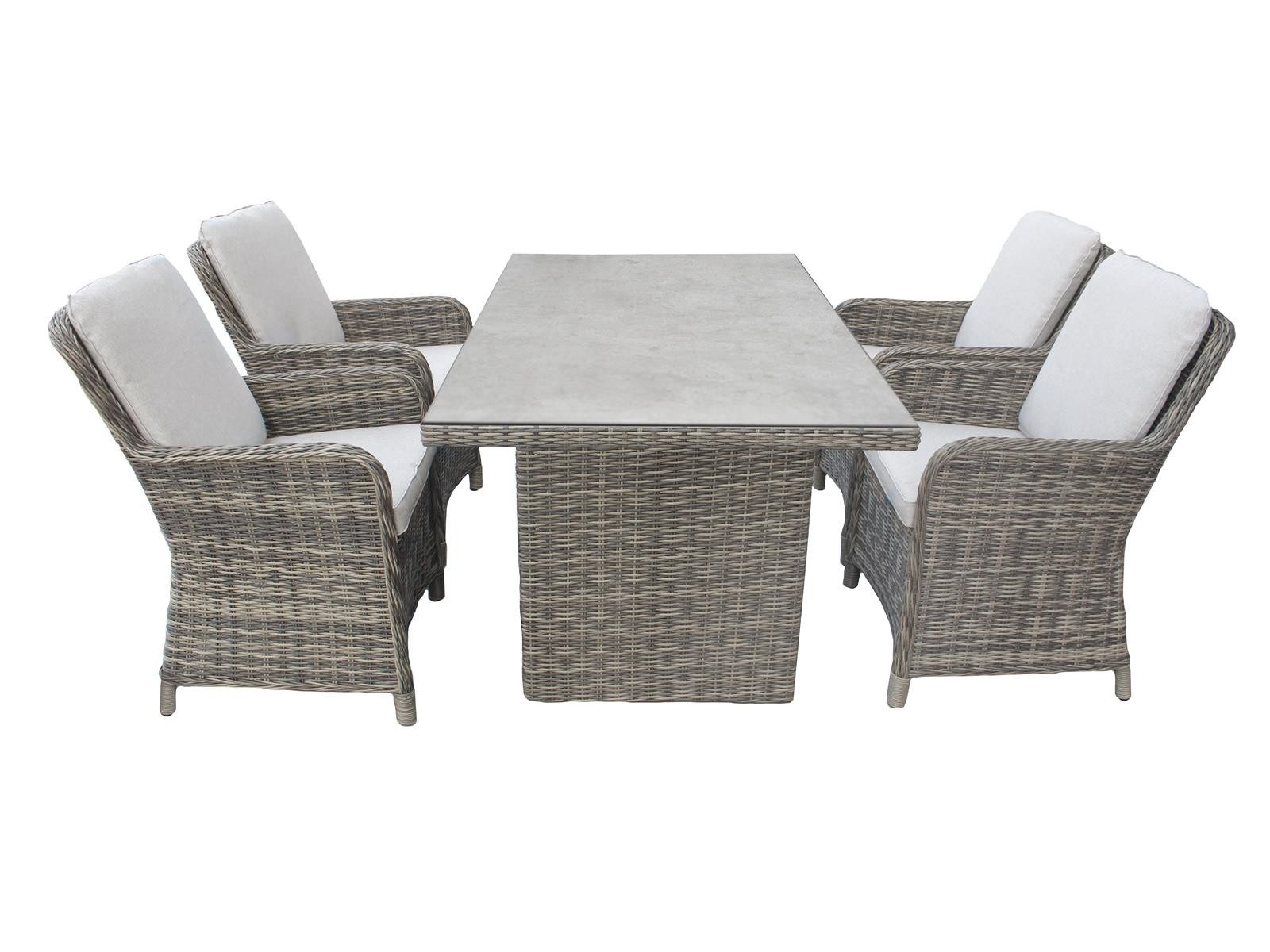 bellavista - Home&Garden® Garten-Essgruppe »Ria« Dininglounge Set Sitzgruppe Loungemöbel Lounge Gartenmöbel, (Set, 5-tlg., 4x Sessel, 1x Tisch, Sitz- und Rückenkissen), grau, Polyrattan, für 4 Personen, wetterfest, Garten, Terrasse, Balkon