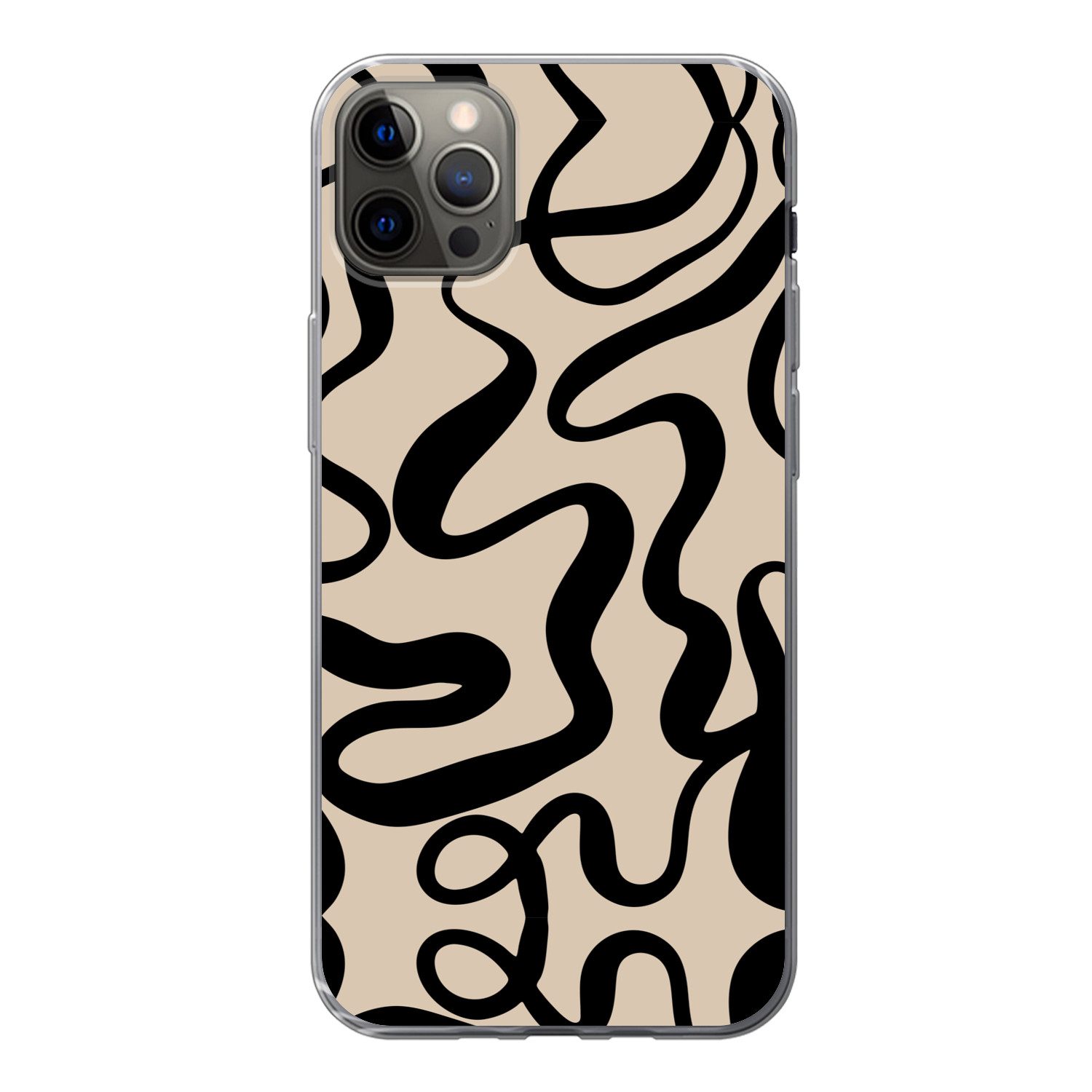 MuchoWow Handyhülle für Apple iPhone 12 Pro Max Linien - Schwarz - Beige - Abstrakt - Mini, Smartphone-Bumper, Print, Handy Schutzhülle Dünn