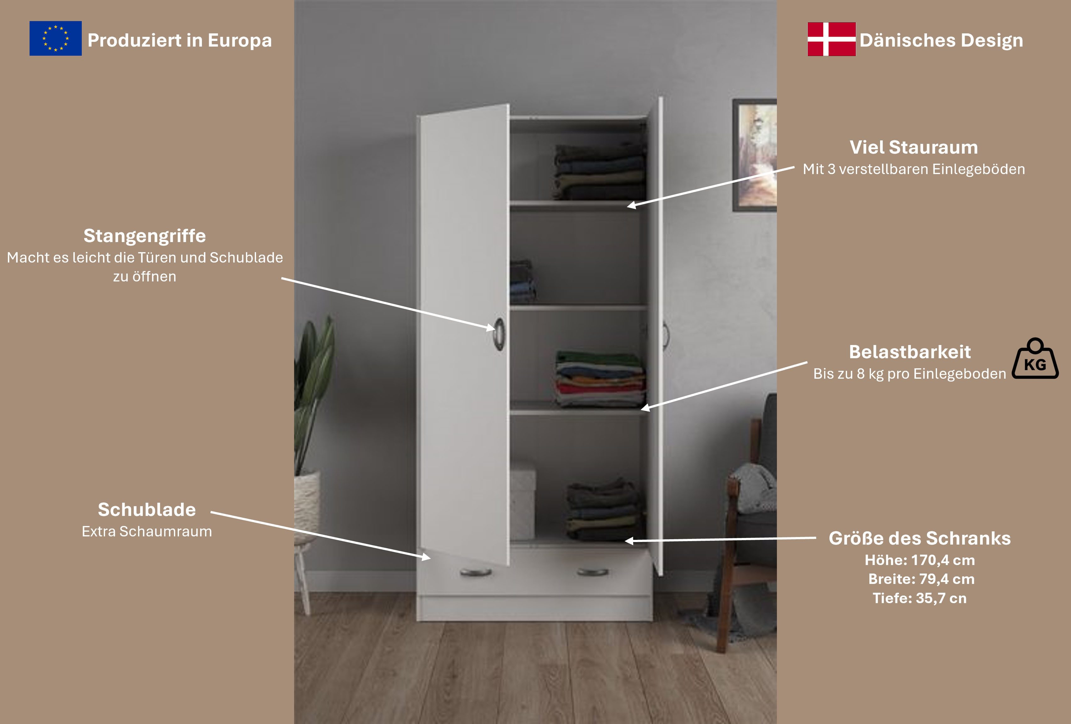 Home affaire Kleiderschrank Space Drehtürenschrank, Aufbewahrung Kasten Schrank Stauraum 2 Türen, 3 Einlegeböden und 1 breite Schublade, Breite 79 cm