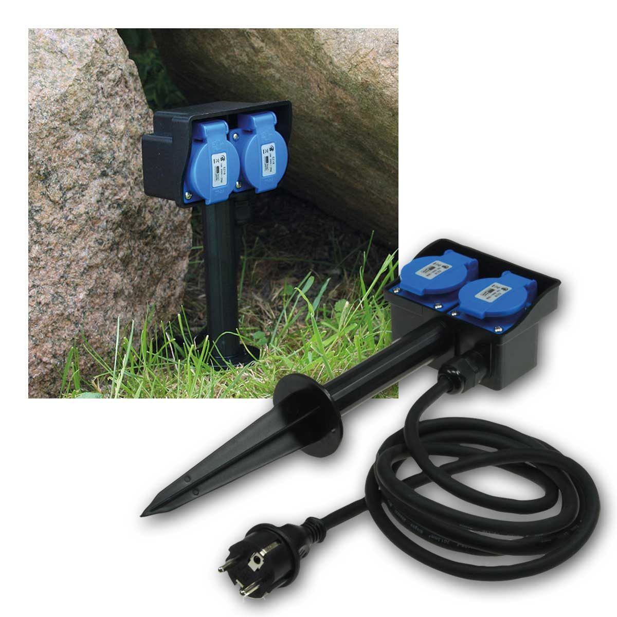 ChiliTec Gartensteckdose Gartensteckdose, 2-fach mit Erdspieß 250V/16A IP44