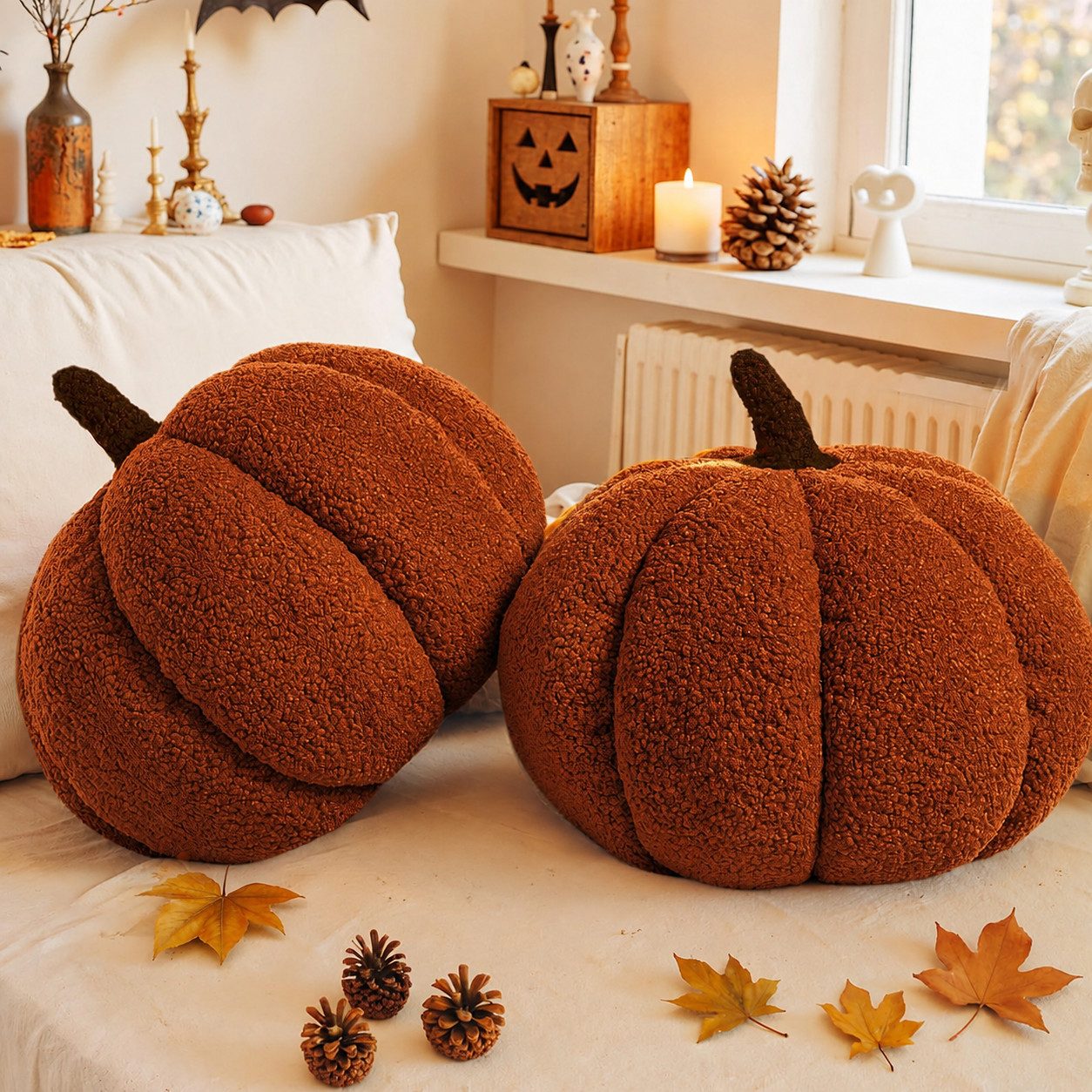 JASLIFE Dekofigur Kürbis2er-Set (2 St), Teddyplüsch-Optik, ideal als herbst deko und halloween deko – Bild 2 von 5