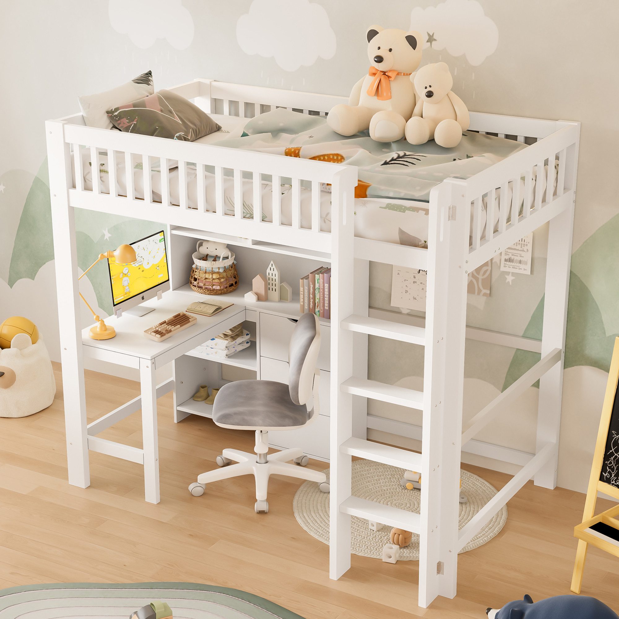 HAUSS SPOLE Hochbett 90x200 mit Schreibtisch,Jugendbett Stauraumbett mit Geländer®al (Doppeltür mit Stauraum für Kleidung & Accessoires, Modernes Design, 70 x 40 x 170 cm)