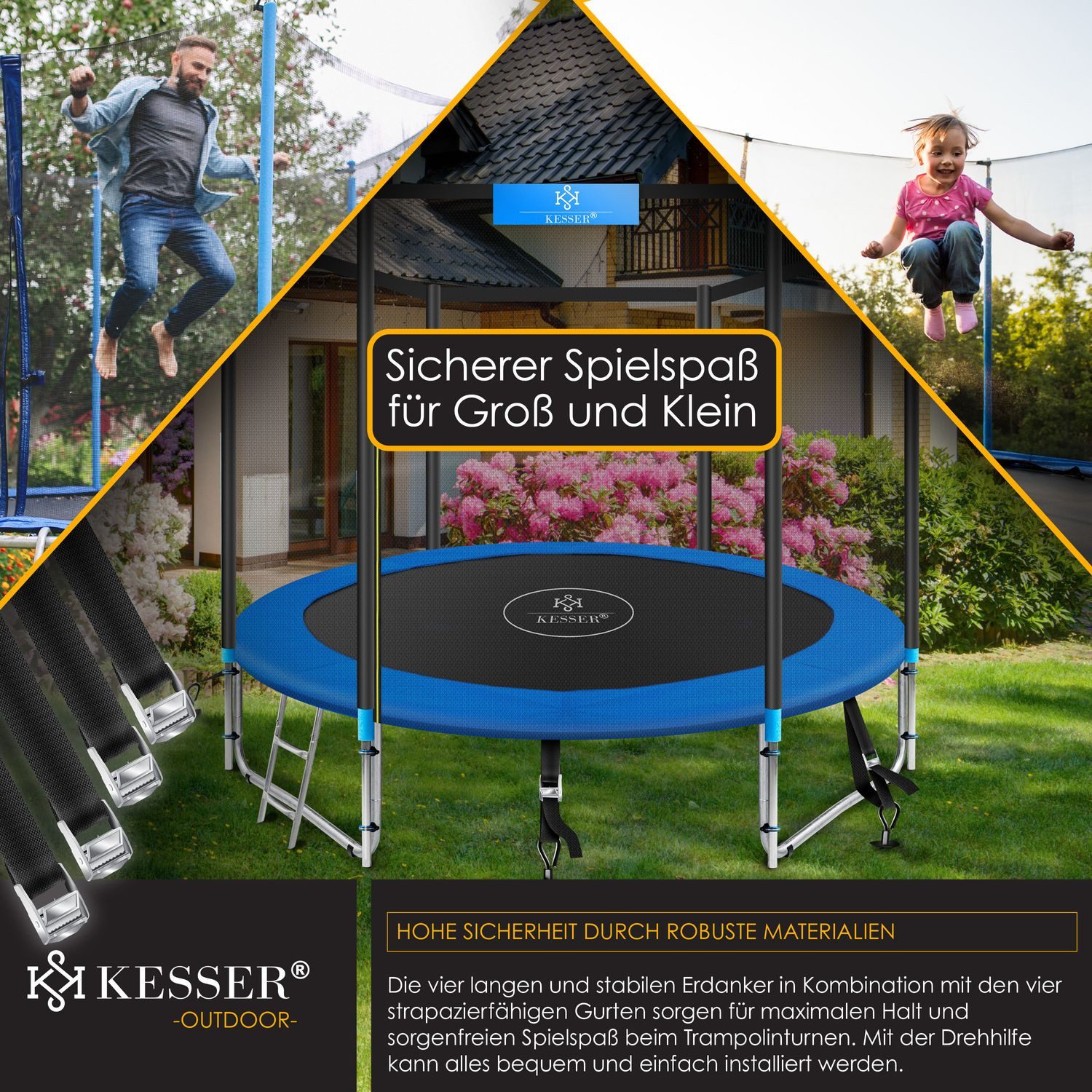 KESSER Bodenanker 4 Erdanker 9-teiliges Set Befestigung für Trampolin Schaukel Pavillon, (Partyzelt, Gartenhaus, Schaukel, Zelt), aus 1cm Ø Edelstahl Zum Eindrehen, + 4 Gurte + Drehhilfe