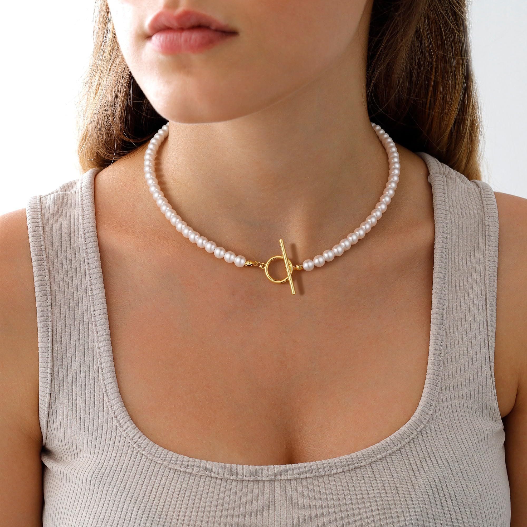 MOPUEA Perlenkette Perlen Halskette Damen aus Süßwasserperlen 45 cm (Set, 1-tlg., Elegante Perlenkette in Goldoptik mit klassischem Design), Halskette für Fraue – Bild 4 von 5