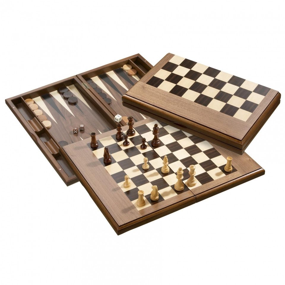 Philos Spiel, Exklusives Schach-Backgammon-Dame-Set - mit Magnetverschluss