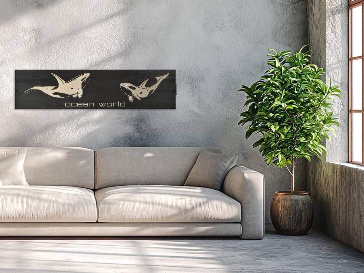 Raumzutaten Holzbild "Ocean World" 80x20cm Ozeanwelt, Orcas, Wandbild aus Holz, Farbe: ebenholz, Silhouetten: Orcas