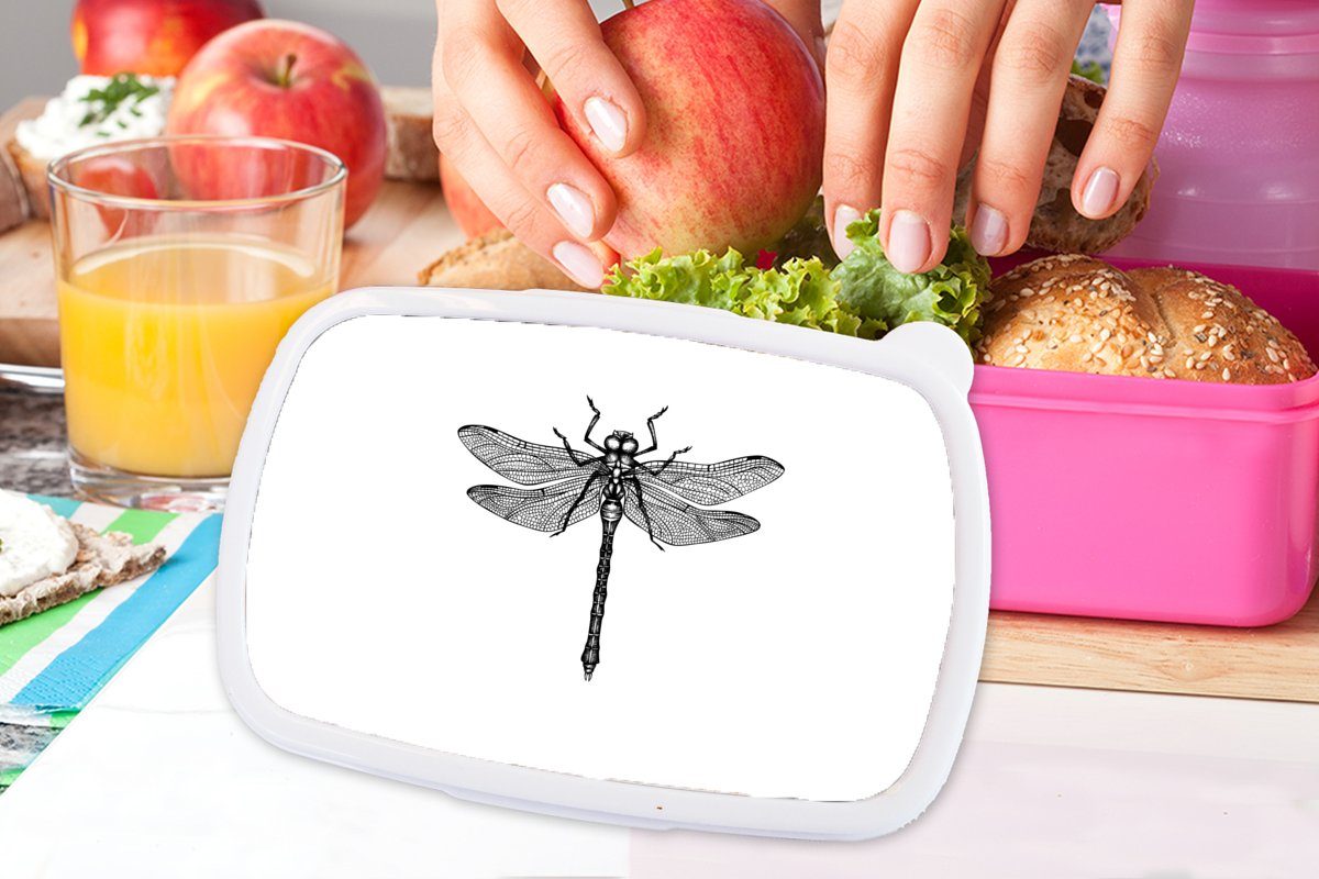 MuchoWow Lunchbox Libelle - Schwarz Retro Kunststoff, Kunststoff für rosa (2-tlg), Snackbox, Brotdose - Kinder, - Insekten Brotbox Erwachsene, Mädchen, und weiß