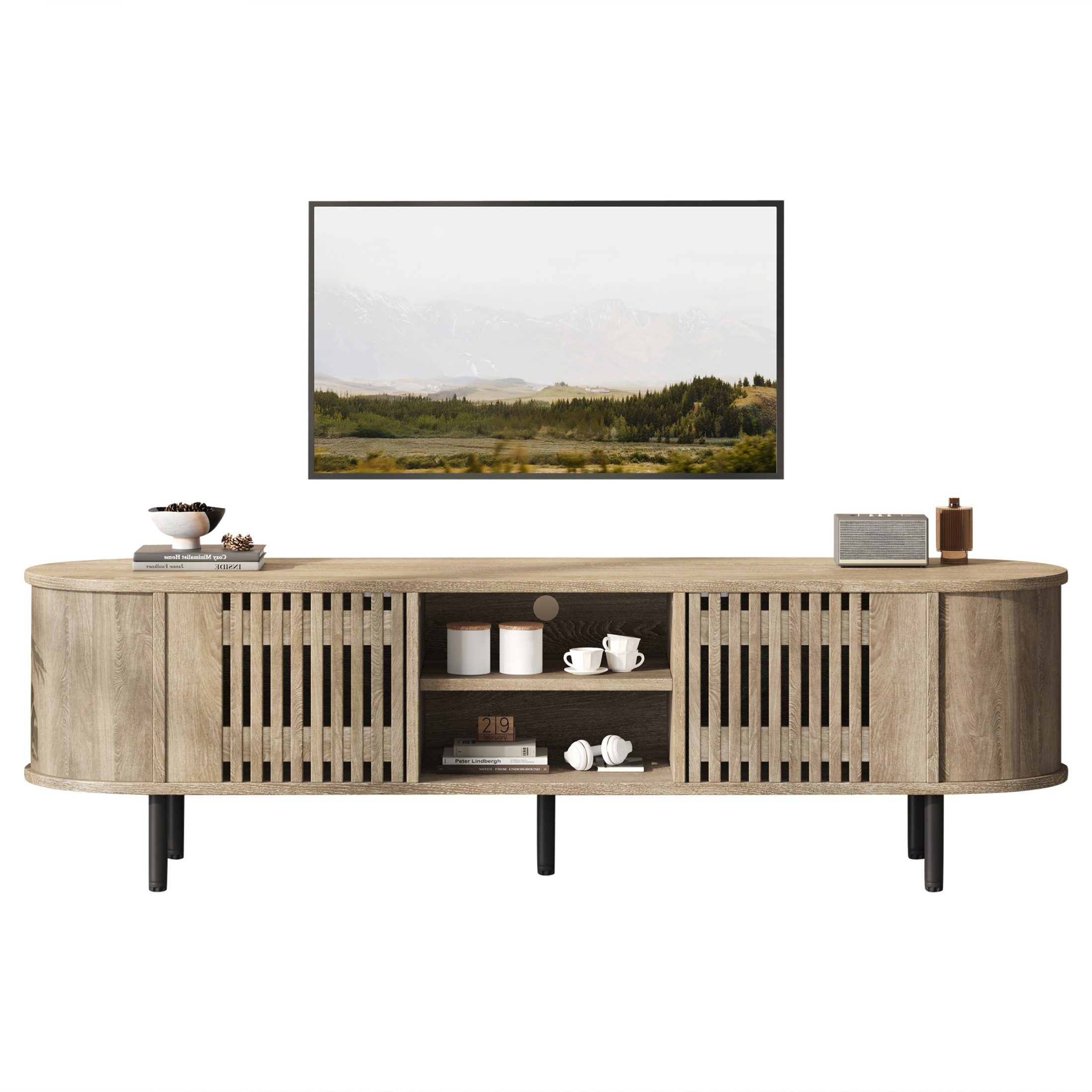 autolock Lowboard TV-Schrank mit 5 Stützbeinen durchbrochenem Holzdesign für 65-Zoll-TV, TV-Board TV-Ständer Fernsehtisch Kommode Wohnzimmerschrank
