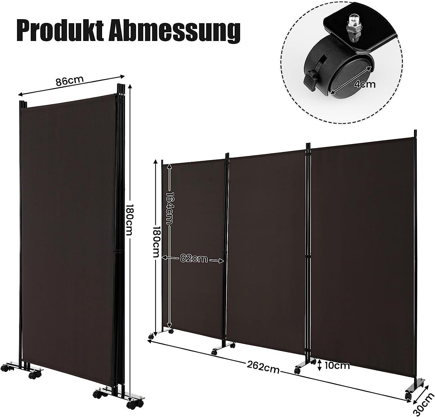 KOMFOTTEU Raumteiler Sichtschutz, 3-teiliger Faltbarer Trennwand mit Rollen