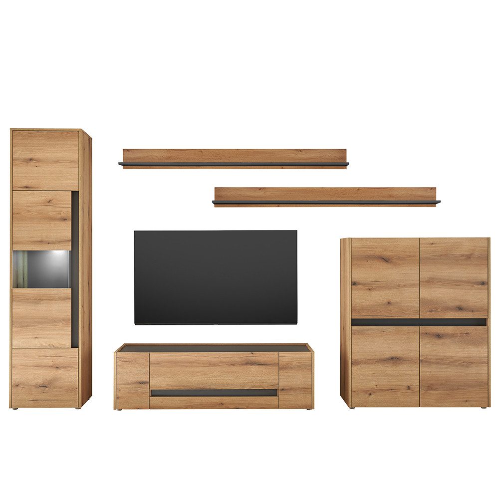 Lomadox Wohnwand CRISP-61, (5-St., Wandboards Lowboard Vitrine Beleuchtung Highboard), in Eiche Nb. mit anthrazit, inkl. LED-Beleuchtung
