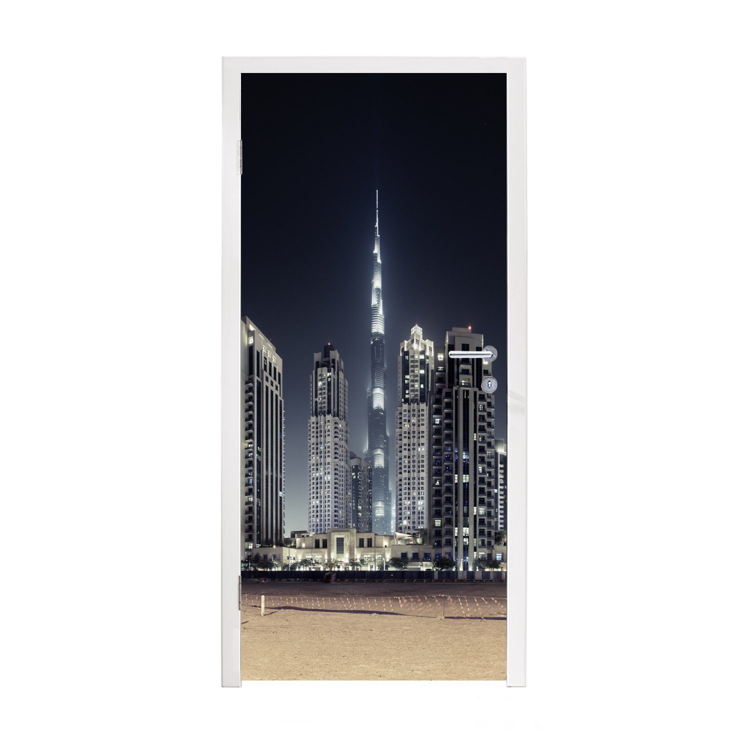 Tür, cm erhellt bedruckt, den Türtapete über anderen, St), (1 MuchoWow 75x205 Matt, Dubai Türaufkleber, Burj Der Fototapete Himmel Khalifa für mit