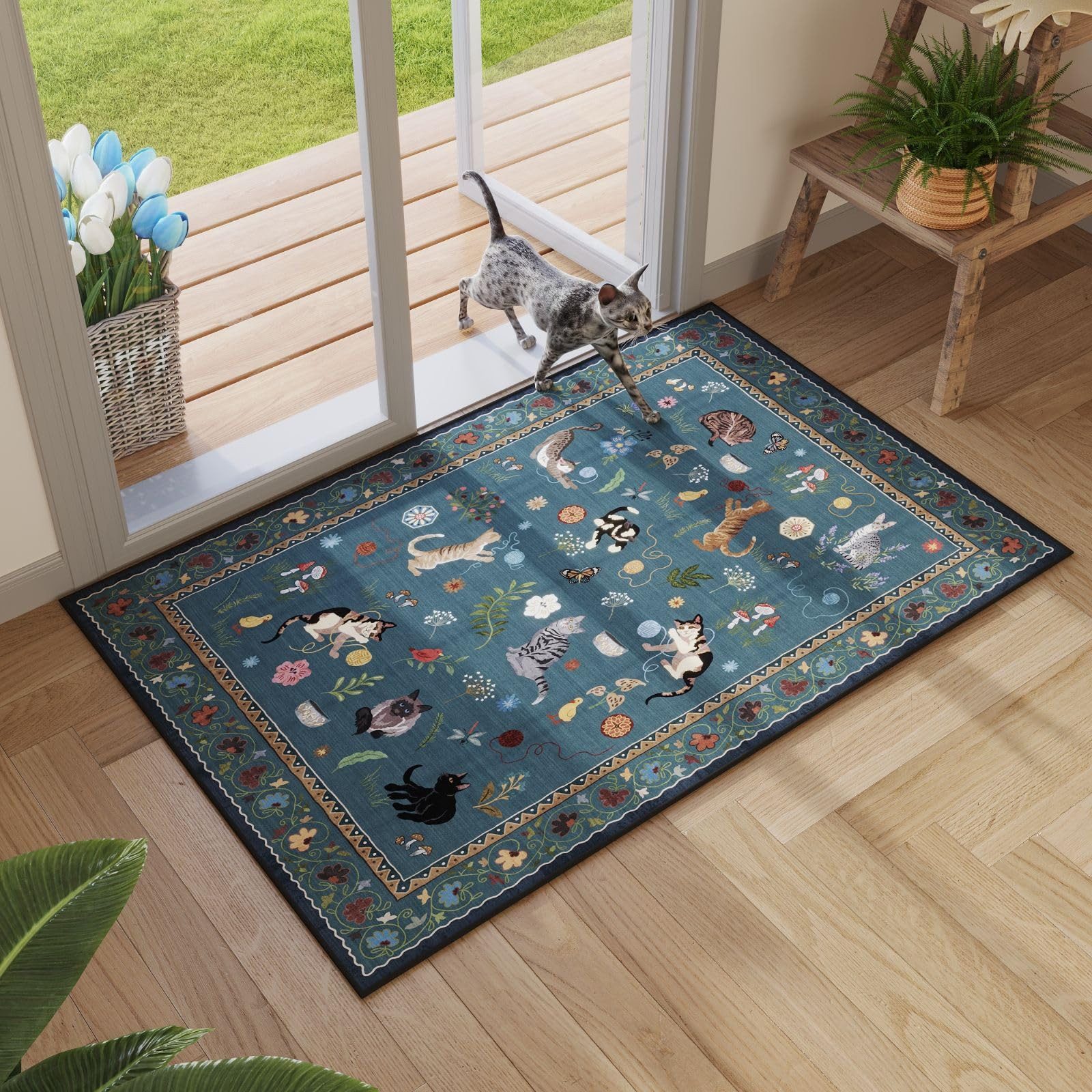 Agger Fußmatte Innen Boho – Rutschfester Türvorleger mit Blumen & Katzenmotiv, Flachflor Teppich für Eingang, Küche & Flur