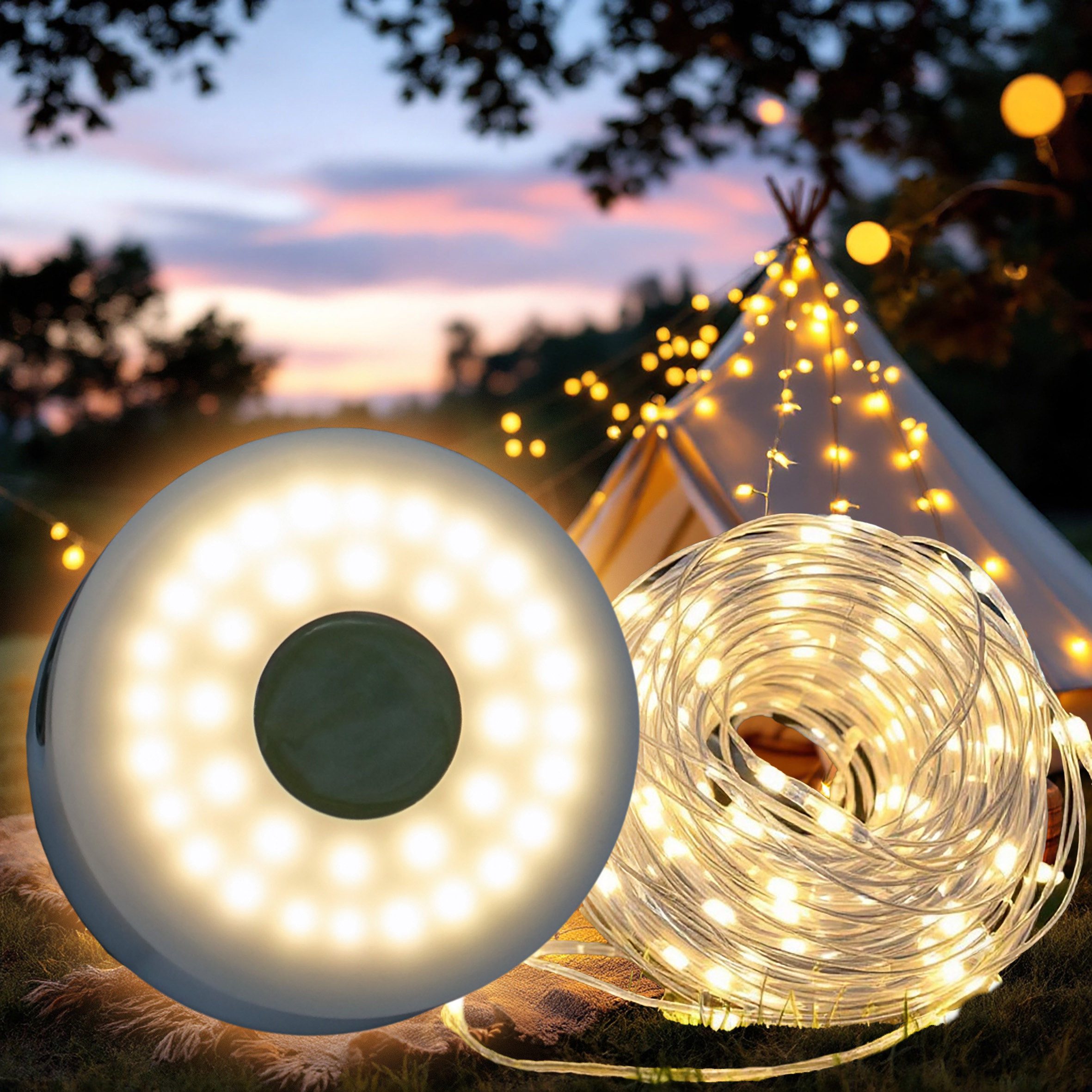Spetebo LED-Lichterkette Campinglampe 2in1 - 10 m / 136 LED, 136-flammig, abrollbar, aufladbar,inklusive Ladekabel
