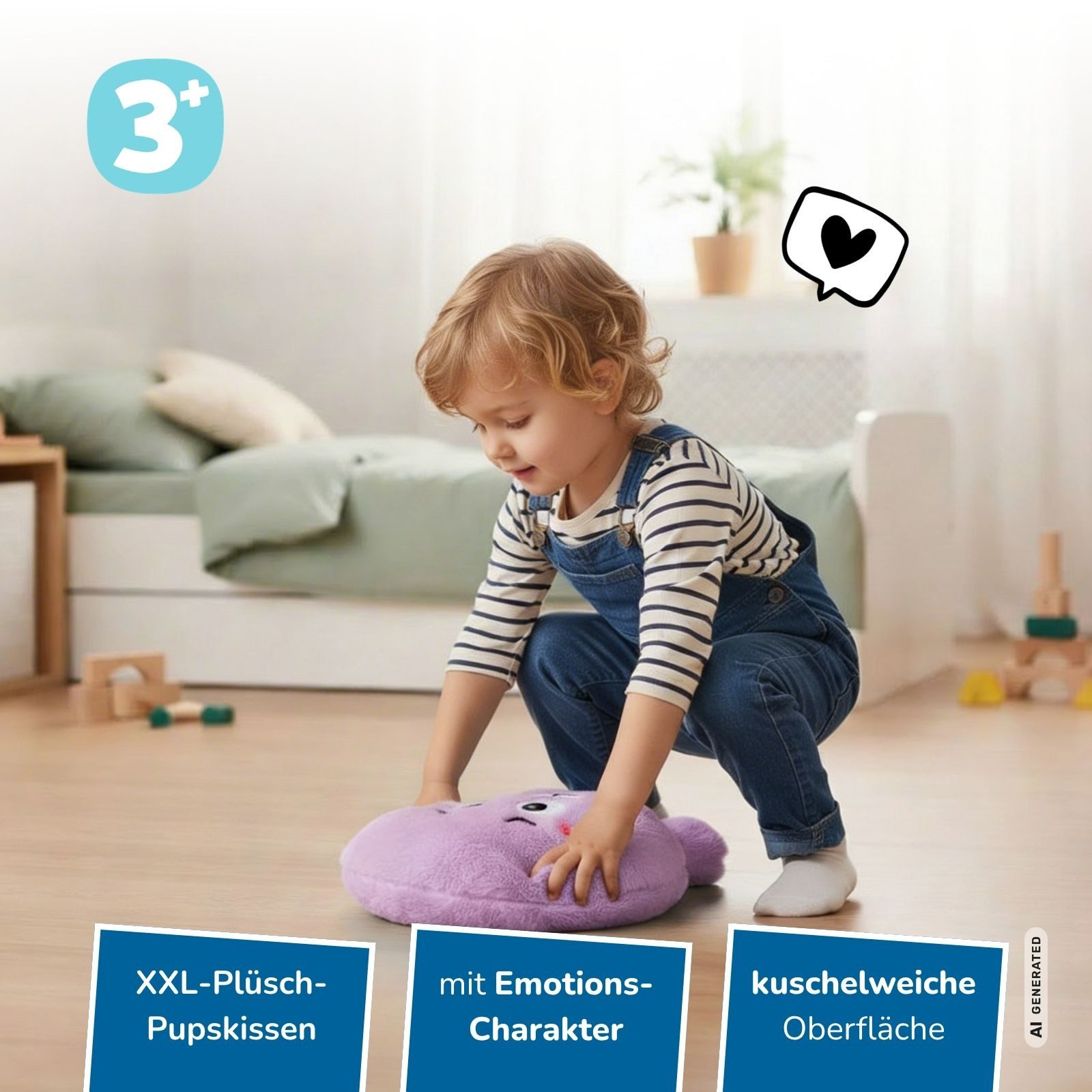 alldoro Kuscheltier XXL Plüsch-Furzkissen Blushy, großes Pupskissen in Lila mit Pups-Sound, mit Gesicht, animiert zum Lachen & Reden über Gefühle, für Kinder ab 3