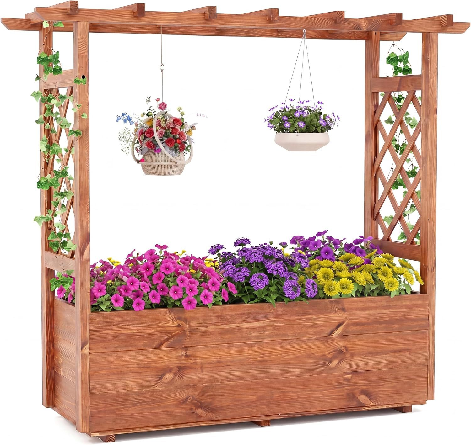 KOMFOTTEU Blumenkasten, Pflanzkasten mit Rankgitter, hängendem Dach & Ablauflöchern