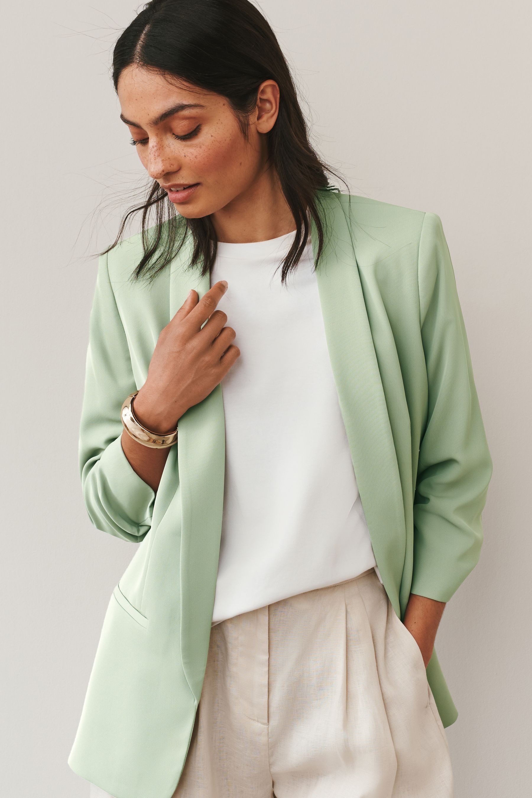 Next Jackenblazer Relaxed Fit Blazer mit Raffärmeln und Vichykaros (1-tlg)