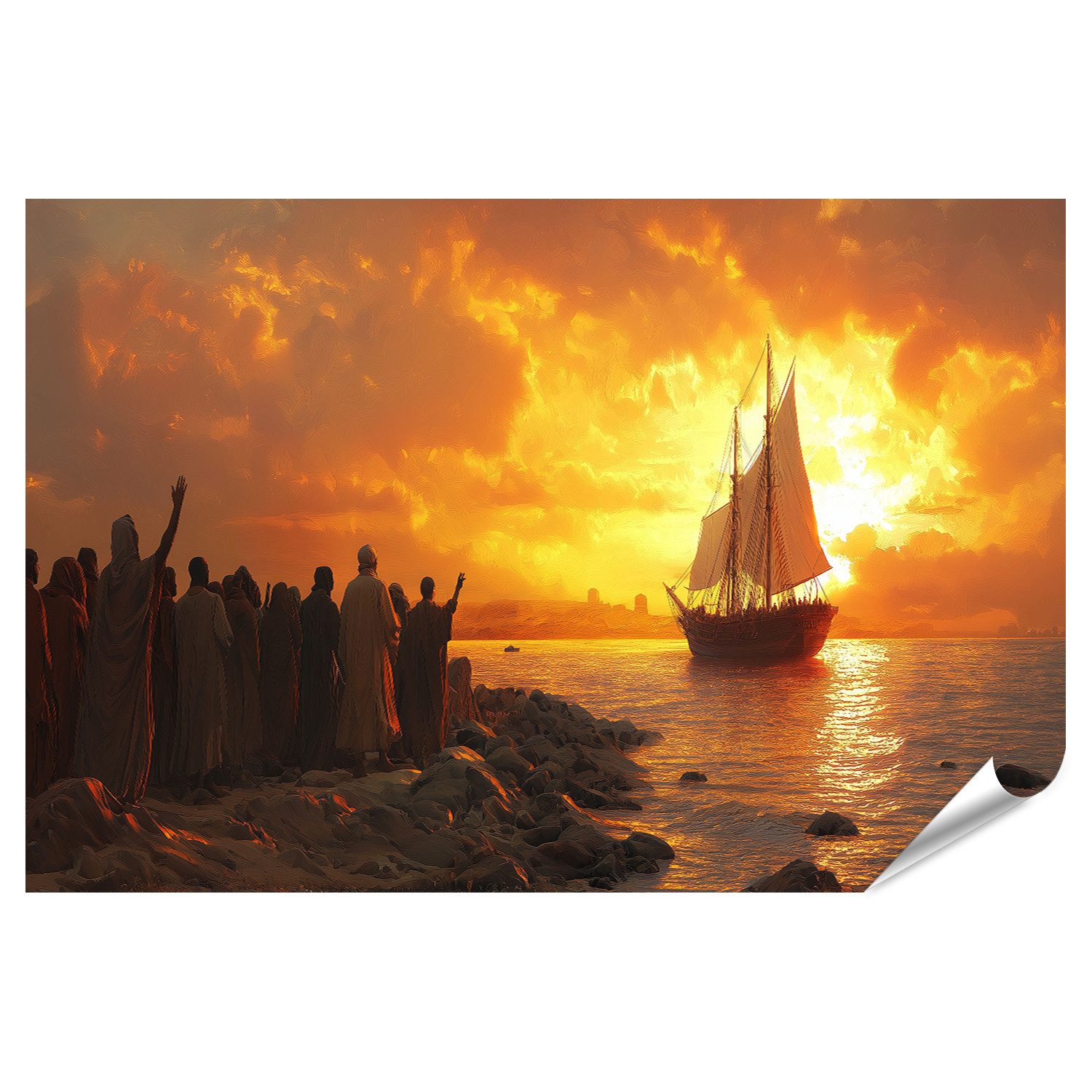 Poster Schiff segelt in Sonnenuntergang - für Romantiker