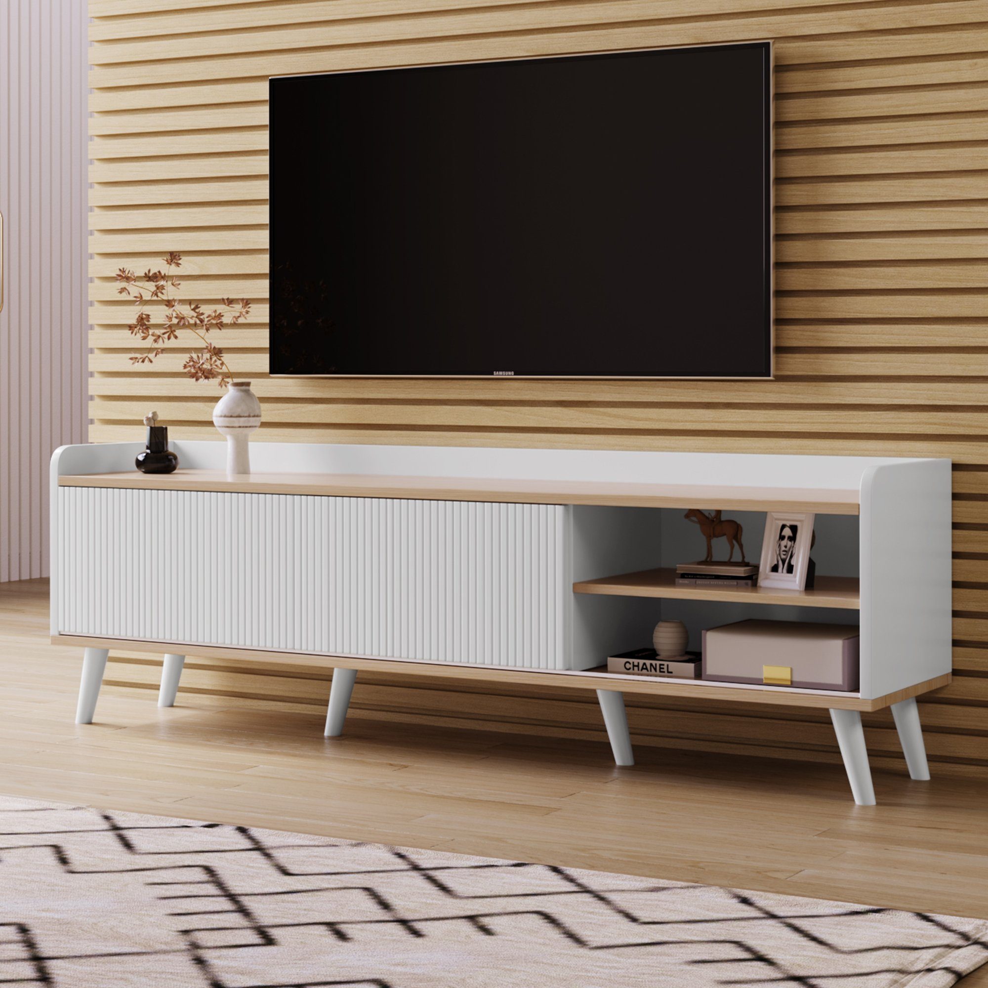 OKWISH TV-Schrank mit zwei Schubladen, Fernsehtisch TV Board TV- Lowboard (H58/L160/T40 cm) Multifunktionales Design, Spezielles farblich passendes Design Weiß