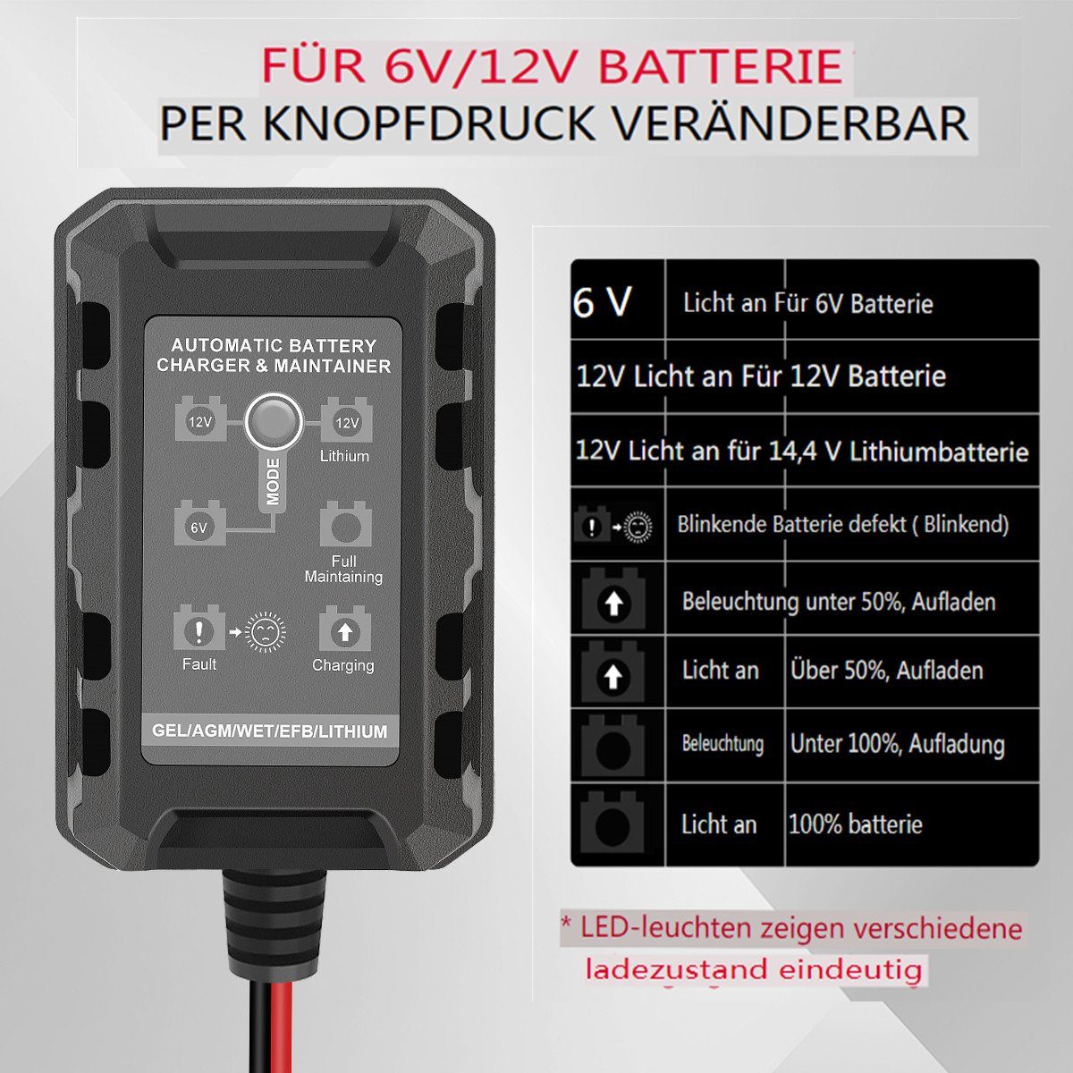 AUDEW Batterie-Ladegerät (4 in 1 Auto Motorrad Ladegerät LCD