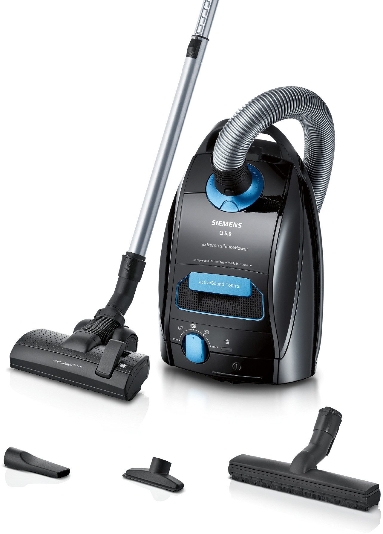 SIEMENS Bodenstaubsauger Q 5.0 extreme silencePower VSQ5X1232, Made in Germany, Hygiene-Filter, mit Beutel, hohe Saugkraft, integriertes Zubehör, langes Kabel, leise, schwarz