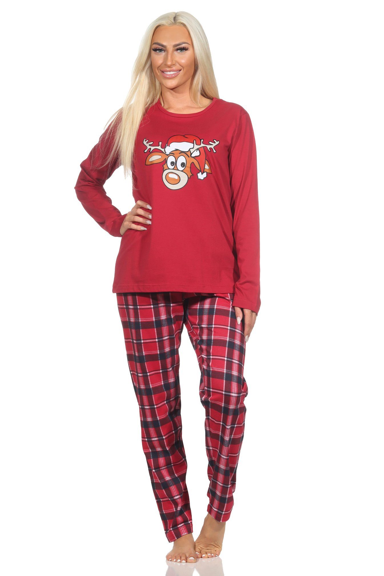 Normann Pyjama Damen Weihnachts Schlafanzug Pyjama mit lustigen Renntier Motiv