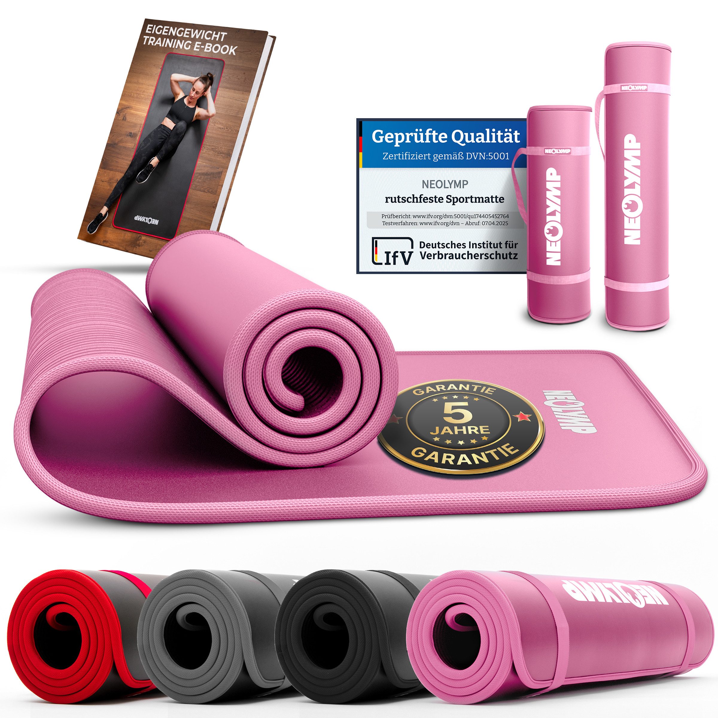 NEOLYMP Fitnessmatte (Yogamatte mit Tragegurt inklusive Trainingsbuch mit Übungseinheiten)