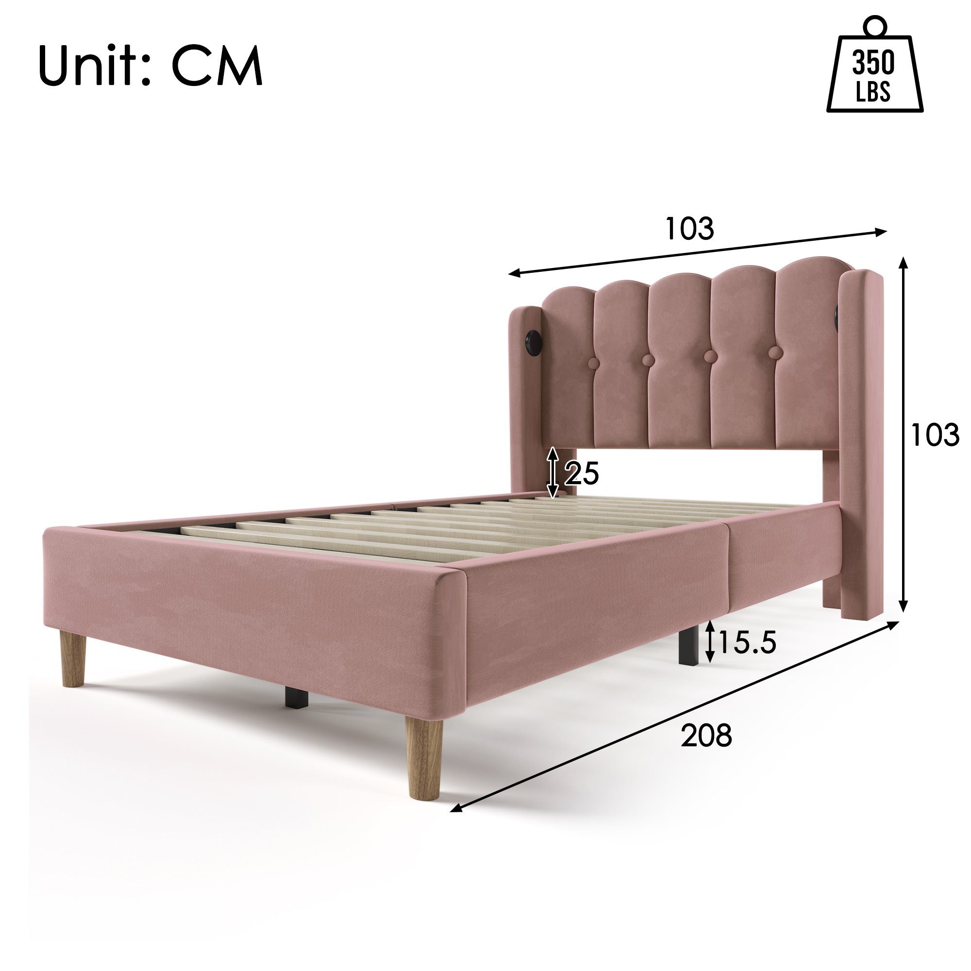 Polsterbett, Einzelbett mit USB Typ C Ladefunktion, 90x200 cm, Samt