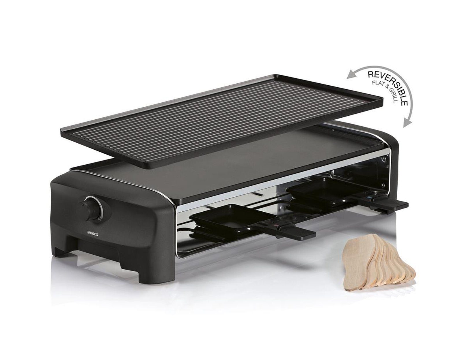 PRINCESS Raclette, 8 Raclettepfännchen, 1400 W, großes Raclet Gerät für 2-8 Personen Tisch-Grill wendbare Platte
