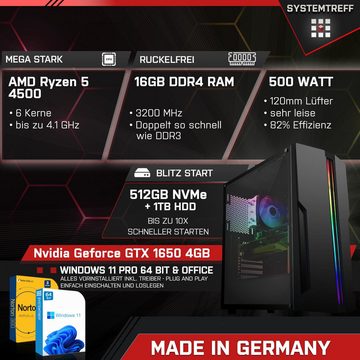 SYSTEMTREFF Basic Gaming-PC (AMD Ryzen 5 4500, GeForce GTX 1650, 16 GB RAM, 1000 GB HDD, 512 GB SSD, Luftkühlung, Windows 11, WLAN)