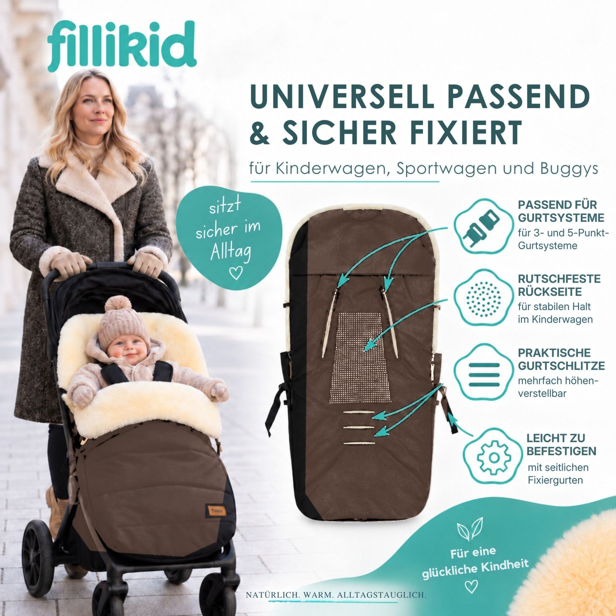 Fillikid Fußsack Winterfußsack Bernina Lammfell Exklusiv, Warmer Winterfußsack mit echtem Merino-Lammfell wasserabweisend und – Bild 5 von 5
