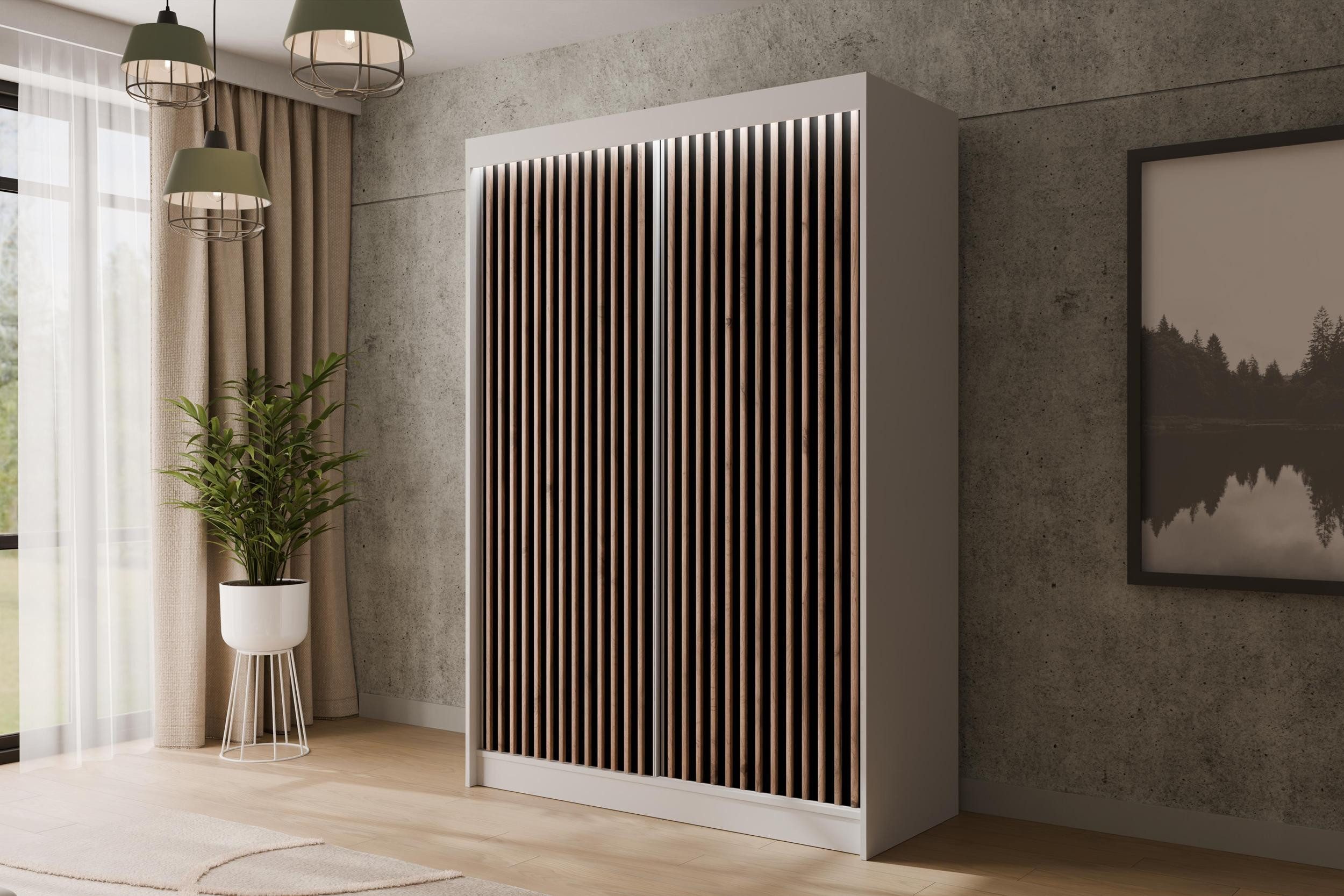 ALTDECOR Schiebetürenschrank VILANv2 (Kleiderschrank Garderobenschrank mit viel Stauraum Moderner Schrank) Vielseitiger Schwebetürenschrank Lamellen LED Beleuchtung