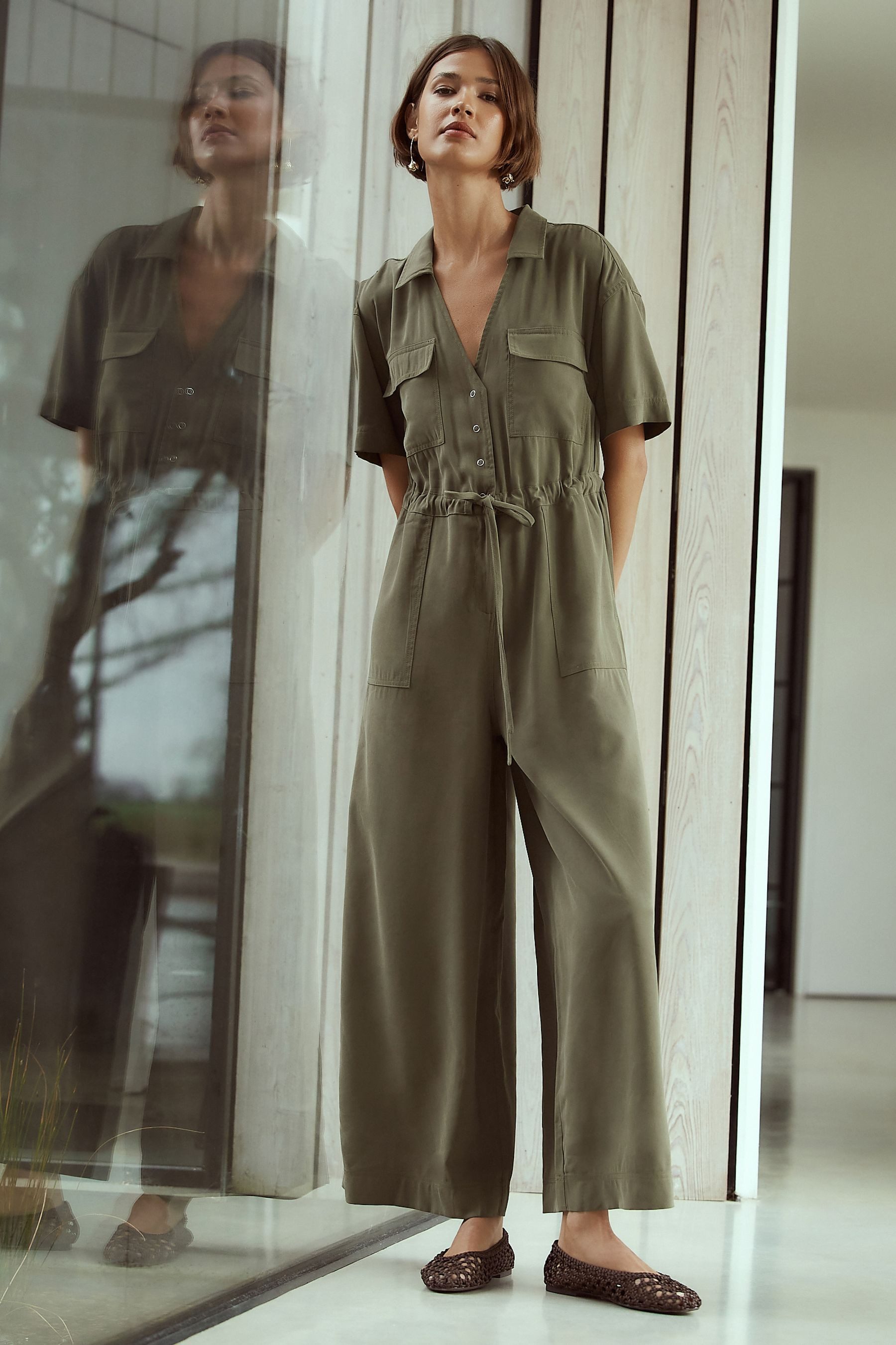 Next Jumpsuit Kurzärmeliger Utility-Jumpsuit mit weitem Bein (1-tlg)