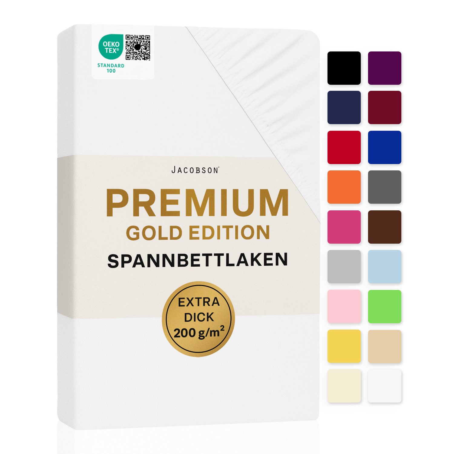 Jacobson Spannbettlaken PREMIUM 200 g/m² Jersey aus 97% Baumwolle & 3% Elasthan, Extra dichtes Bettlaken mit maximalem Halt