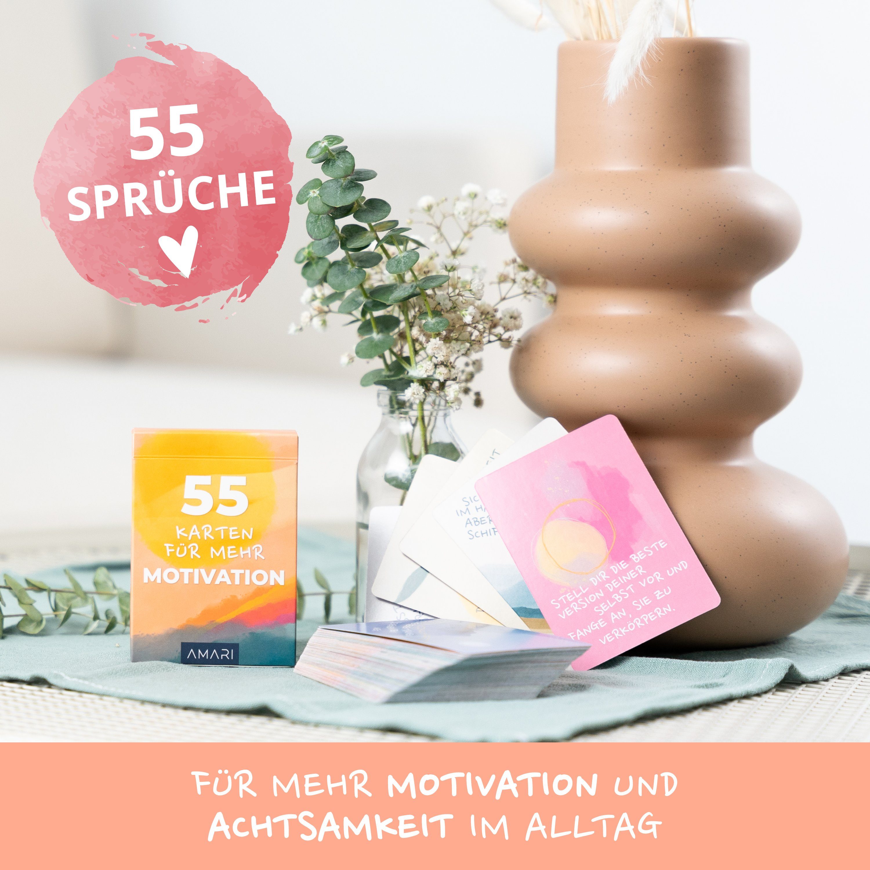 Amari Grußkarten Achtsamkeitskarten 55 Motivationskarten mit Sprüchen, Geschenkidee Affirmationskarten für Resilienz & Selbstliebe