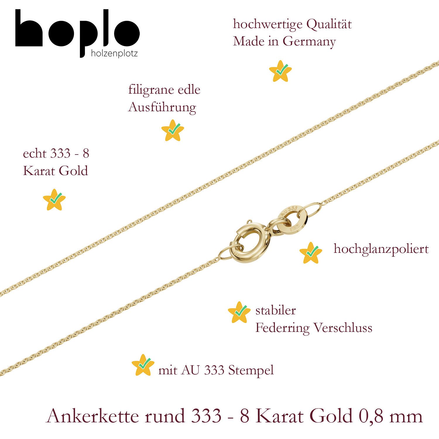 HOPLO Goldkette Goldkette Ankerkette rund Länge 36cm - Breite 0,8mm - 333-8 Karat Gold, Made in Germany