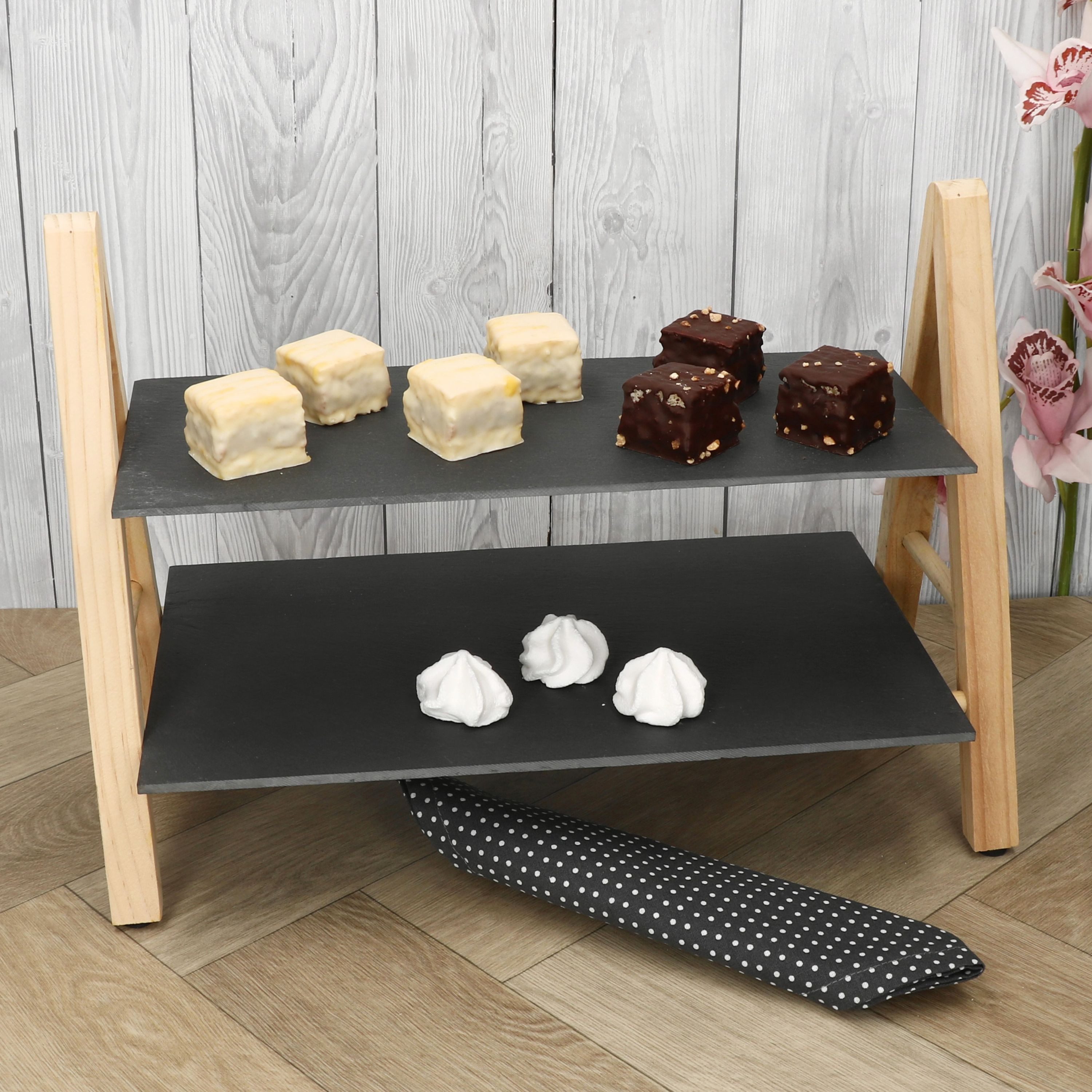 MamboCat Etagere Etagere Erika 2-stöckig Schieferplatten Holz Servier-Regal Buffet, Schiefer