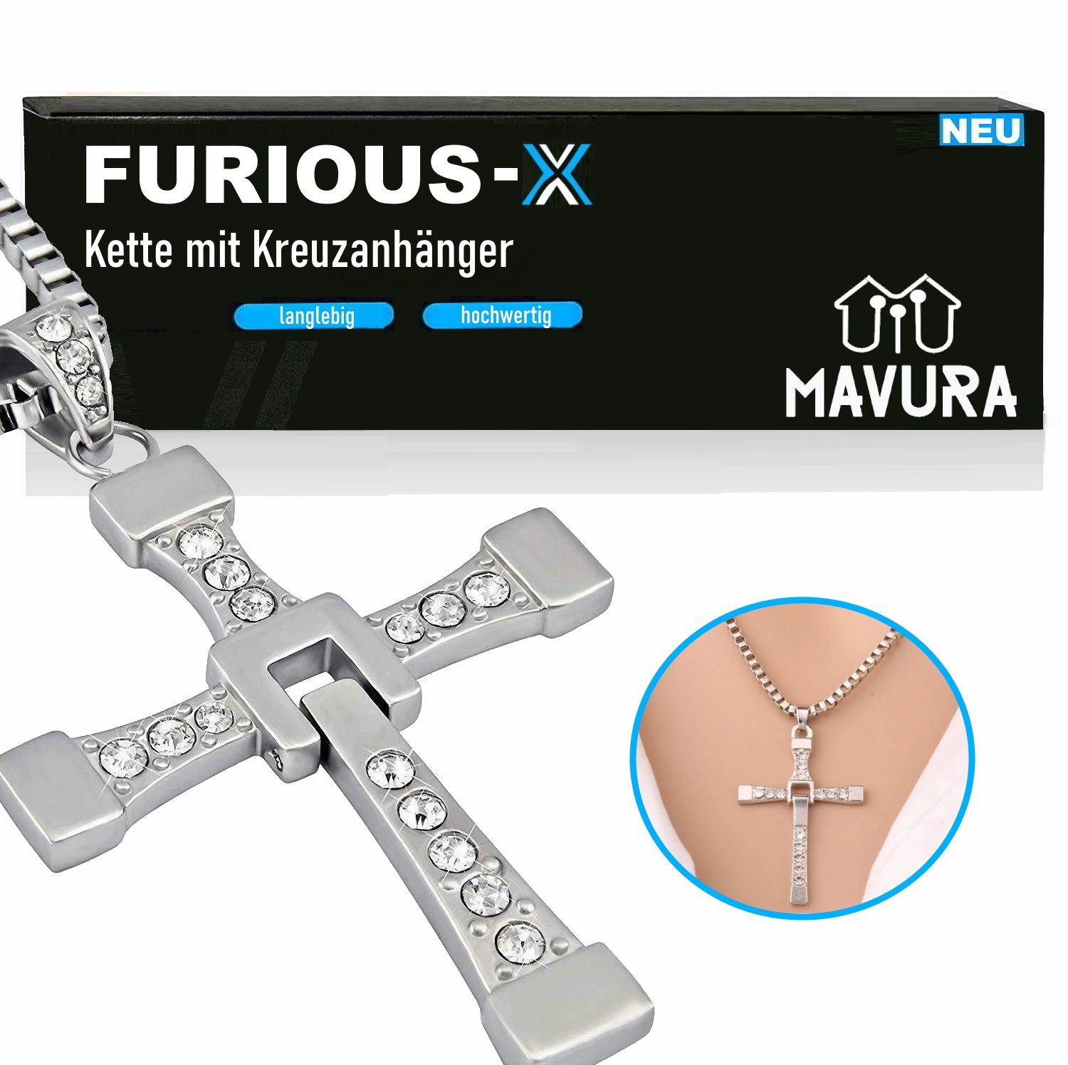 MAVURA Kette mit Anhänger FURIOUS-X Kreuz Hals Kette Halskette Kreuzkette PREMIUM EDELSTAHL, Vin Diesel Dominic Toretto Fast Furious Replic