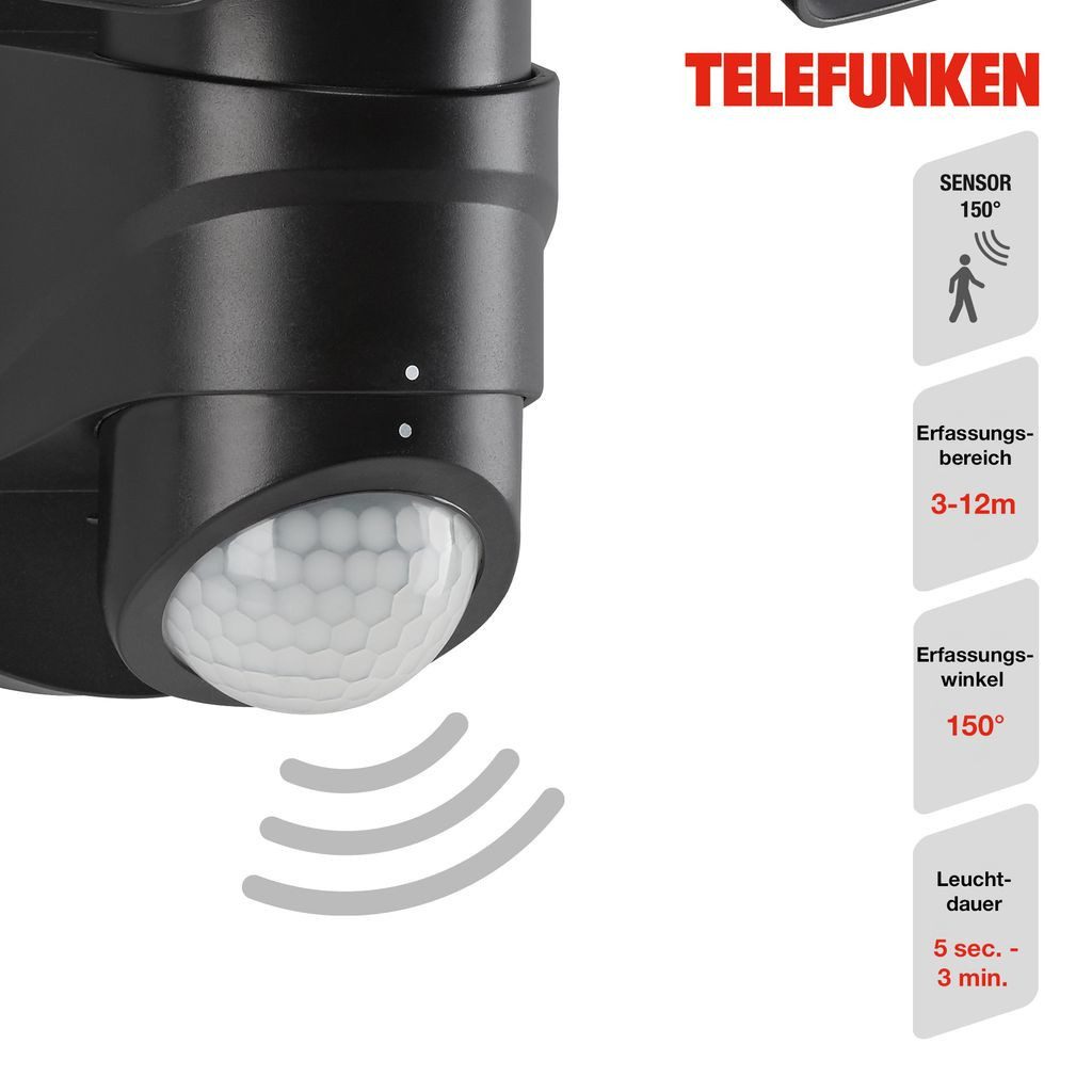 Telefunken Außen-Wandleuchte 304605TF, Leuchtdauer einstellbar, LED fest integriert, 2700K - Extra-Warmweiß, Außenleuchte Sensor IP44 4000K 2000lm 20W 25,8x21,8x16cm