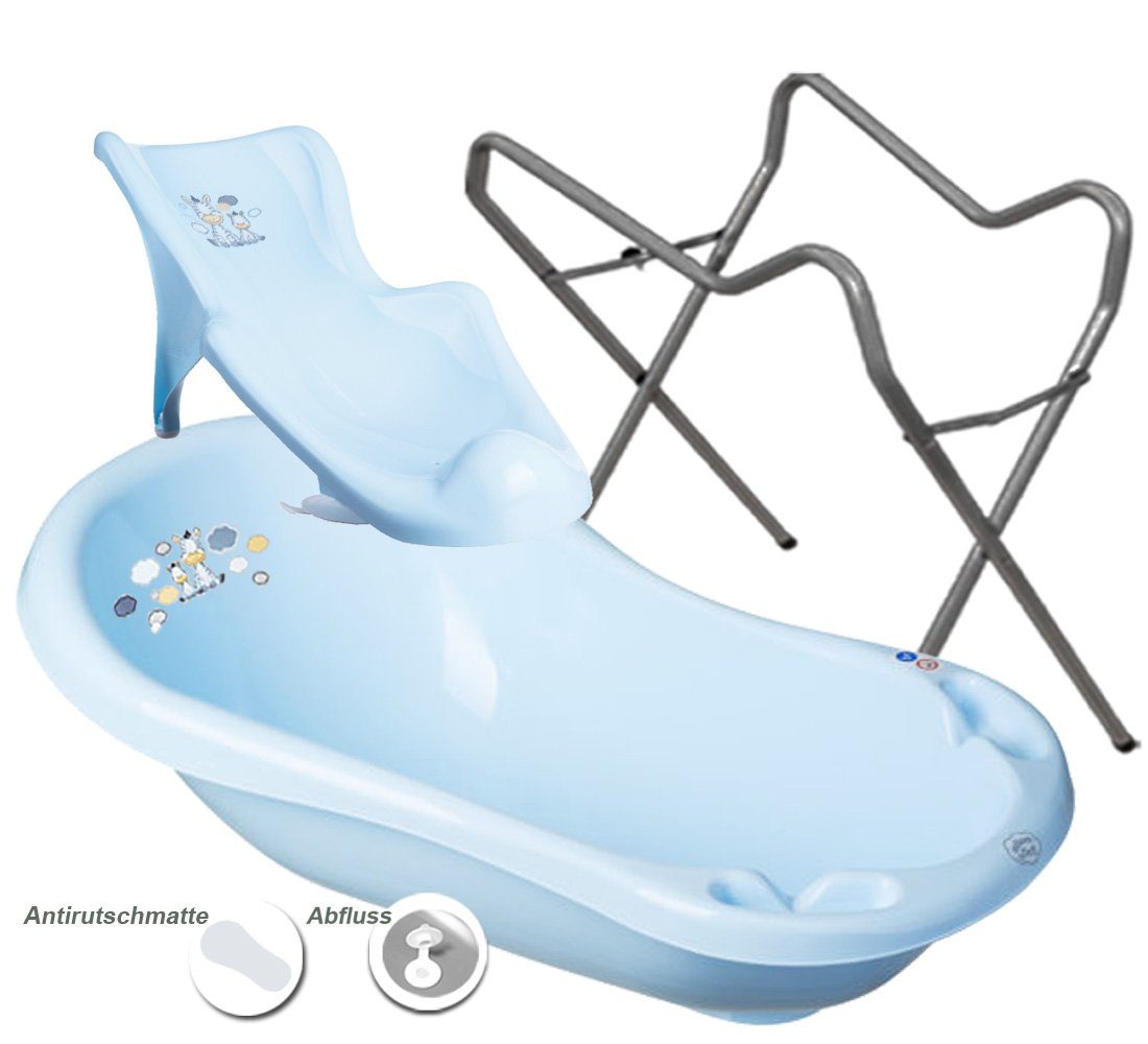 Maltex Babybadewanne 2 Teile SET - ZEBRA Blau + Ständer Grau - Badeset Baby Badesitz Wanne, (Made in Europe), = BABYWANNE + BADESITZ + GESTELL