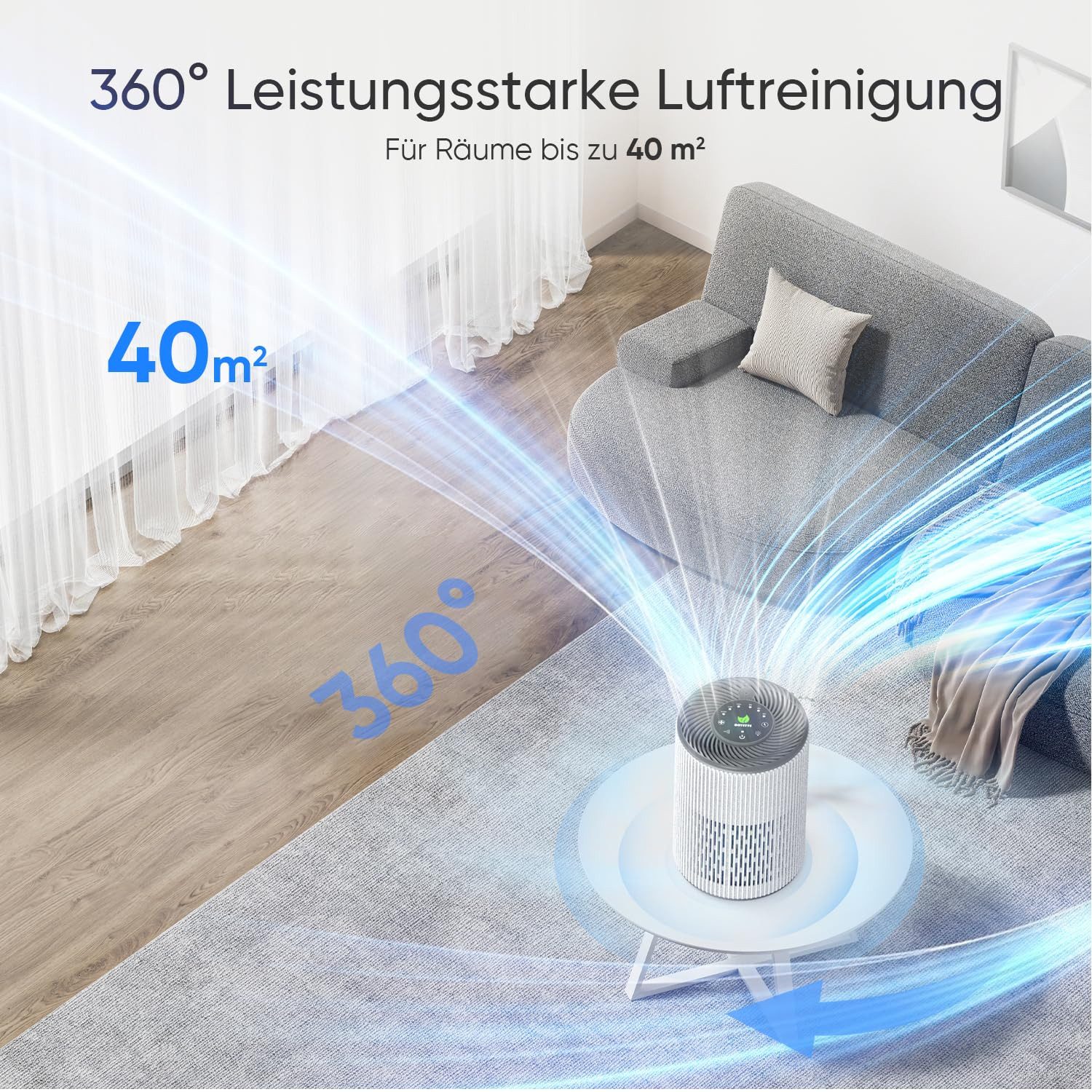 DAYETTE Luftreiniger Tragbarer für Allergiker mit Duftschwamm & blauem Nachtlicht Timer, für 40 m² Räume, Ruhemodus (20 dB), HEPA-Luftfilter gegen Schimmel Staub Pollen Gerüche