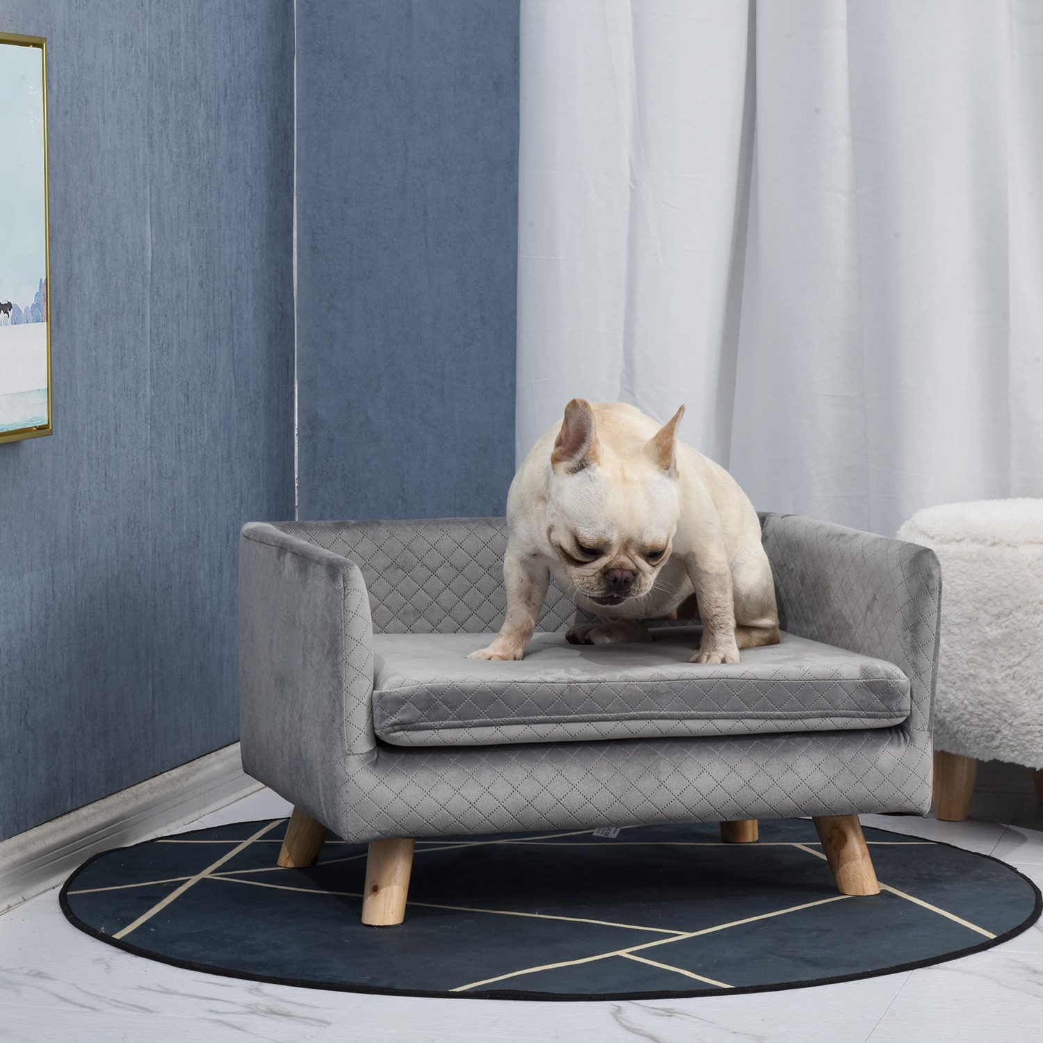 PawHut Tierbett Hundesofa Hundebett Hundecouch mit Rückenlehne, Holzbeine, Kissen, samtartiges Polyester, Grau 64 x 45 x 36 cm