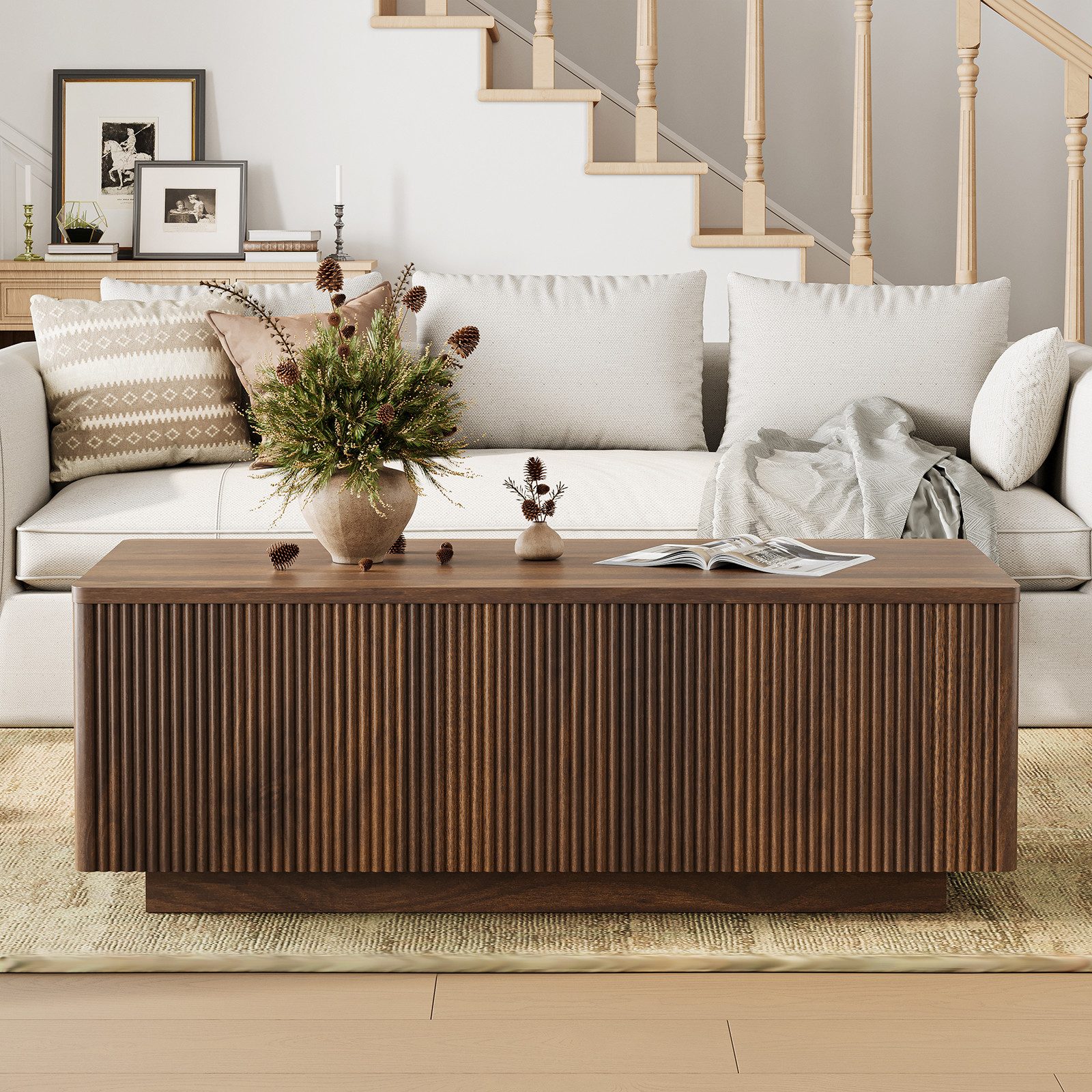 FABATO Couchtisch Lift-Couchtisch 106 cm mit großem verstecktem Stauraum (1-St., aufklappbar, Holz-Optik, Mid-Century-Modern-Stil, für Ihr Sofa), rechteckiges Fluted-Design mit abgerundeten Ecken