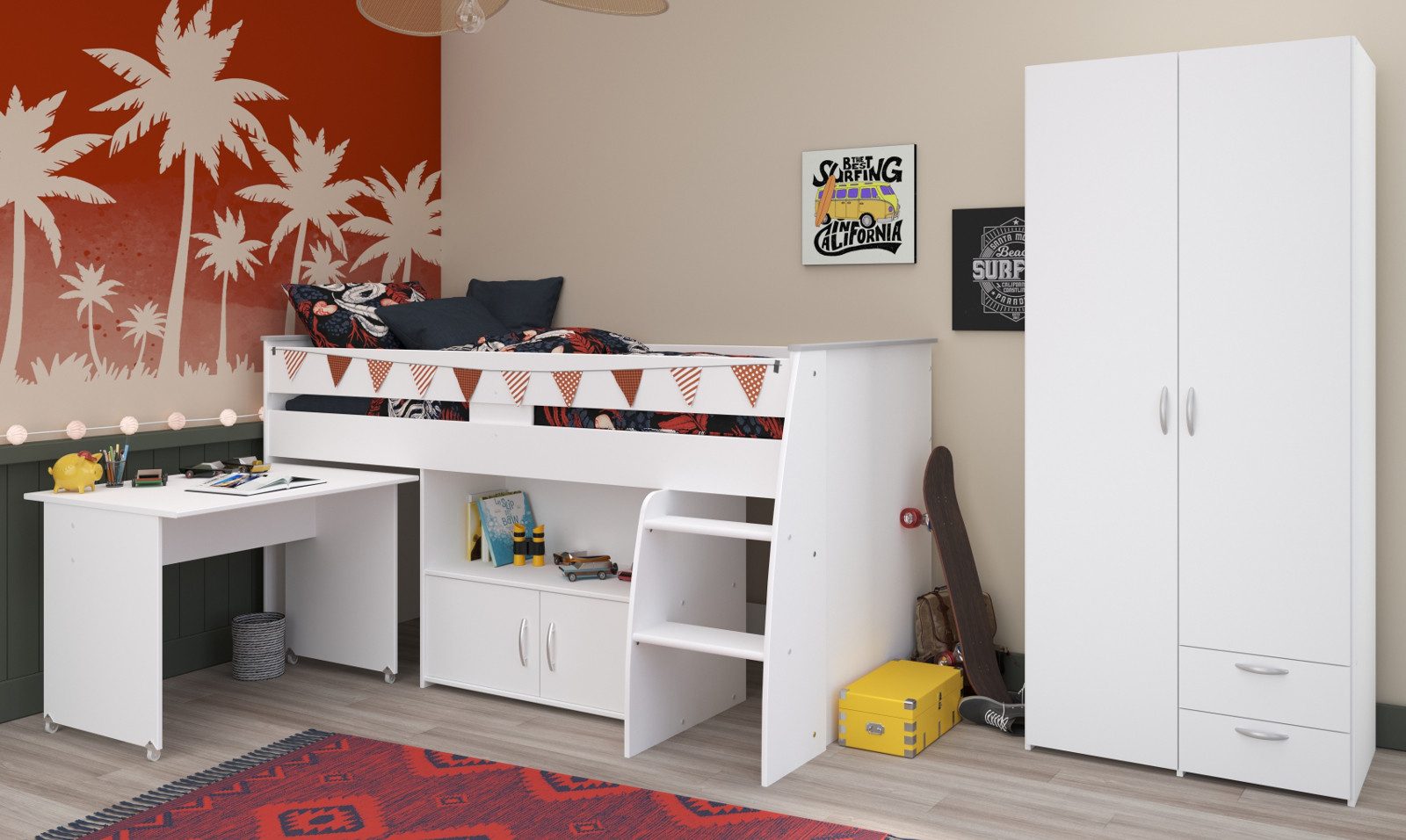 Parisot Jugendzimmer-Set Releave, (Kinderzimmer in weiß mit Hochbett und Kleiderschrank, Liegefläche 90 x 200 cm), kein Lattenrost erforderlich