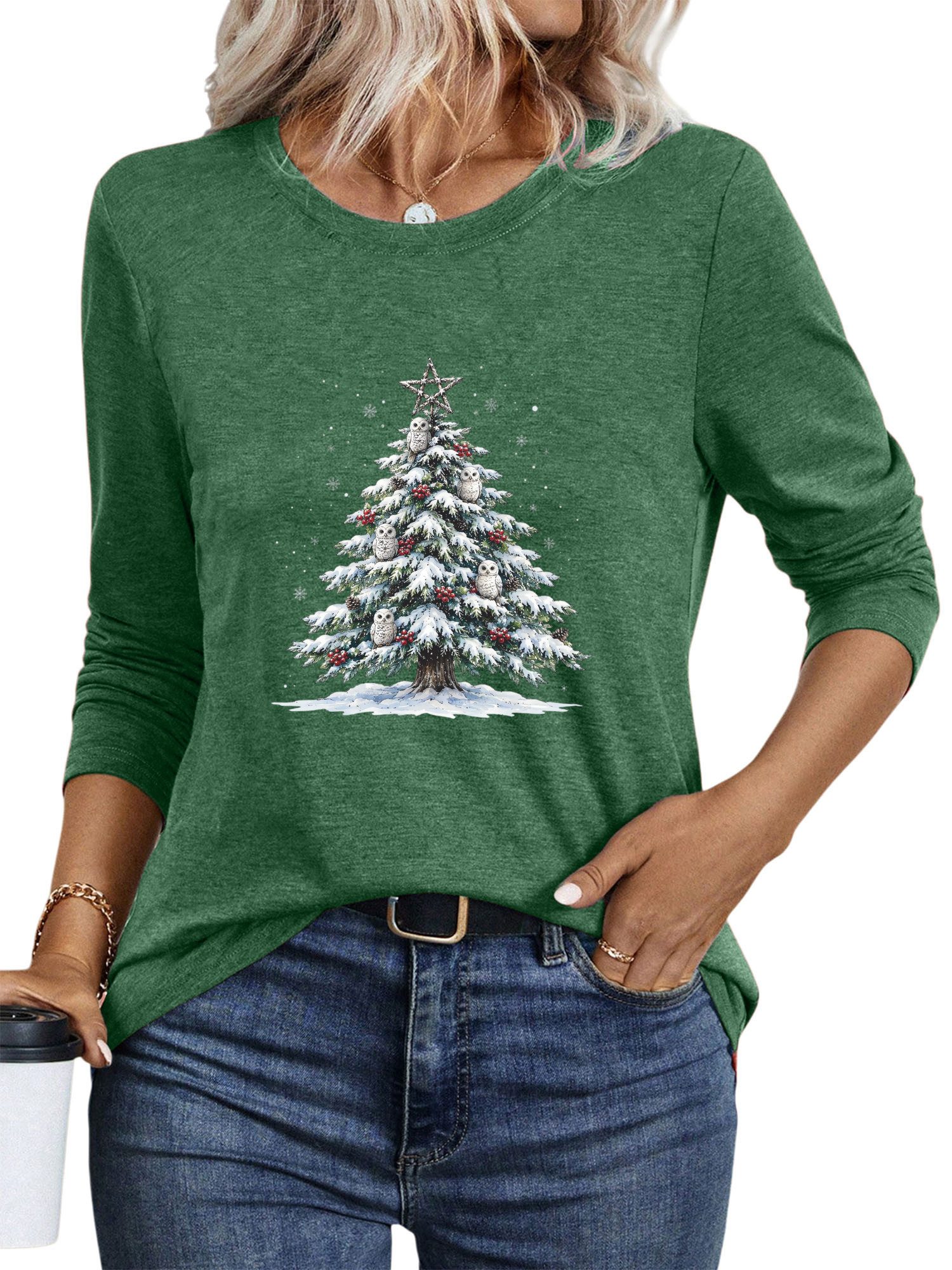 PYLIKE Rundhalsshirt Damen Festival Weihnachtsbaum Druck bequemes Langarmshirt Weihnachts-Sonderanfertigungen