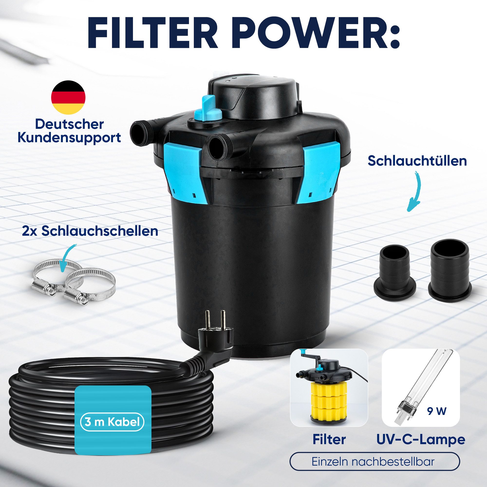 Teicher Teichfilter Teichfilter – Druckfilter mit UVC-Lampe für klare Gartenteiche, Schluss mit Algen & Keimen – Bild 5 von 5