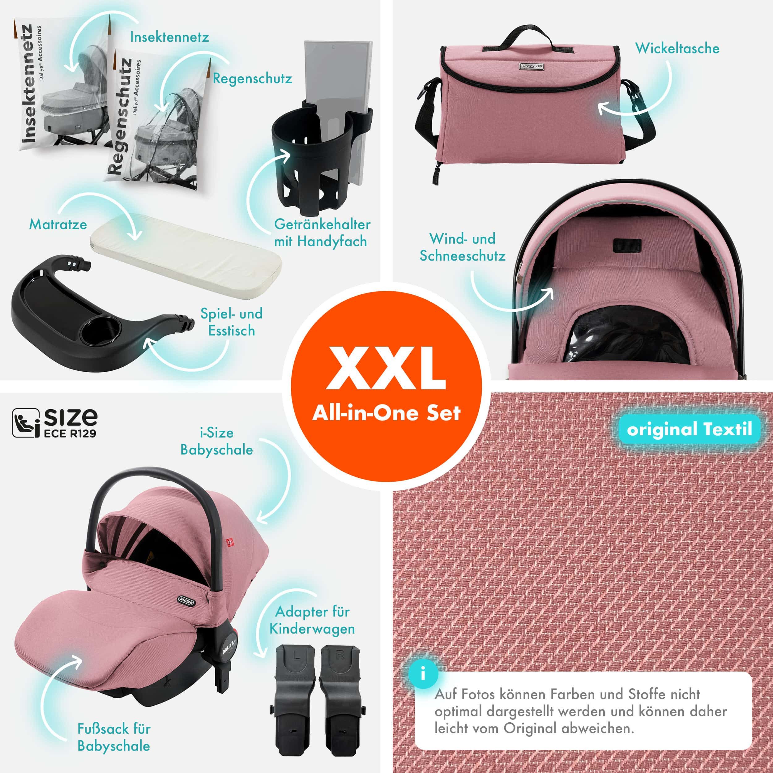 Daliya® Kombi-Kinderwagen FLEXI-PRO M 3in1 Kinderwagen & Buggy, Reisekinderwagen, XXL Set, (XXL-Set mit i-Size Babyschale, 13-tlg), Einhändig abnehmbare Wanne, i-Size Babyschale, Alu-Rahmen, Gummireifen
